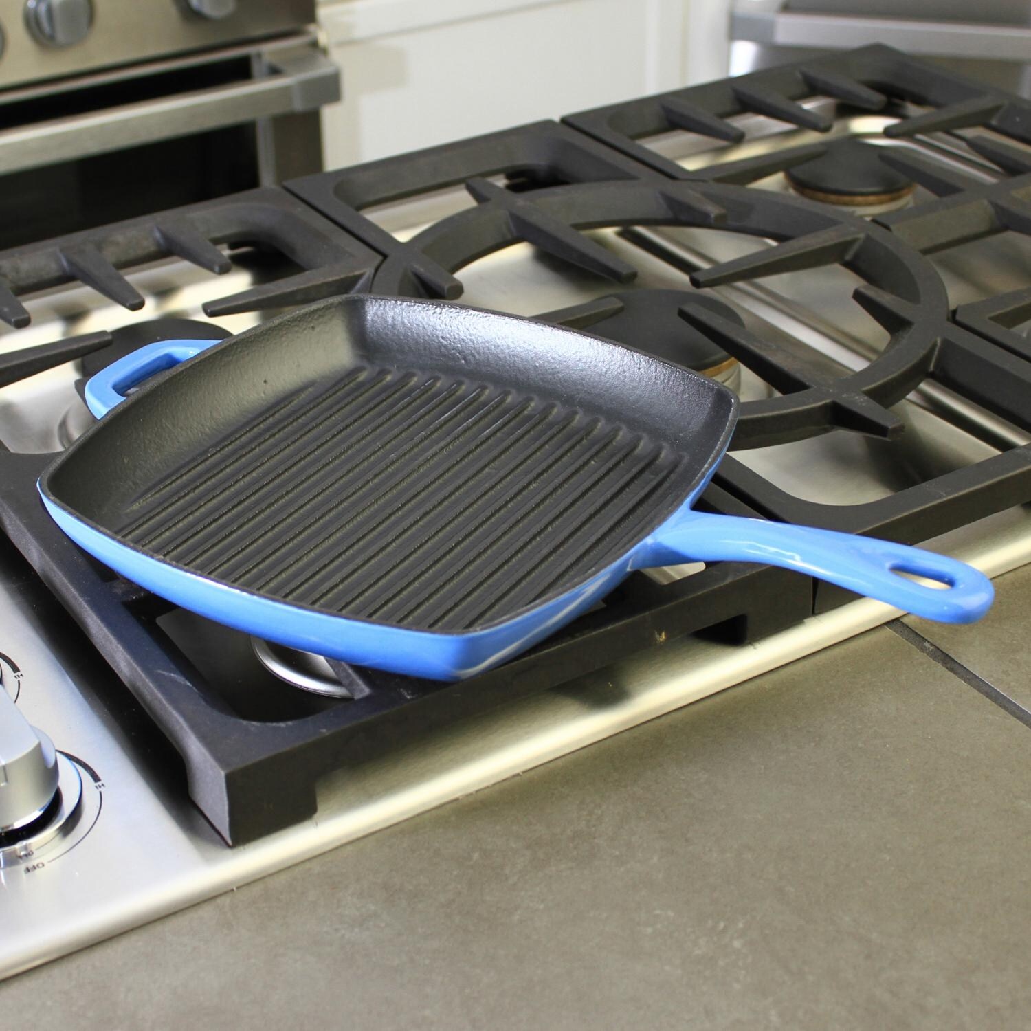 Lodge Pans Caribbean Cast Iron Enamel Grill Pan, Gradated Blue In Use thumbnail