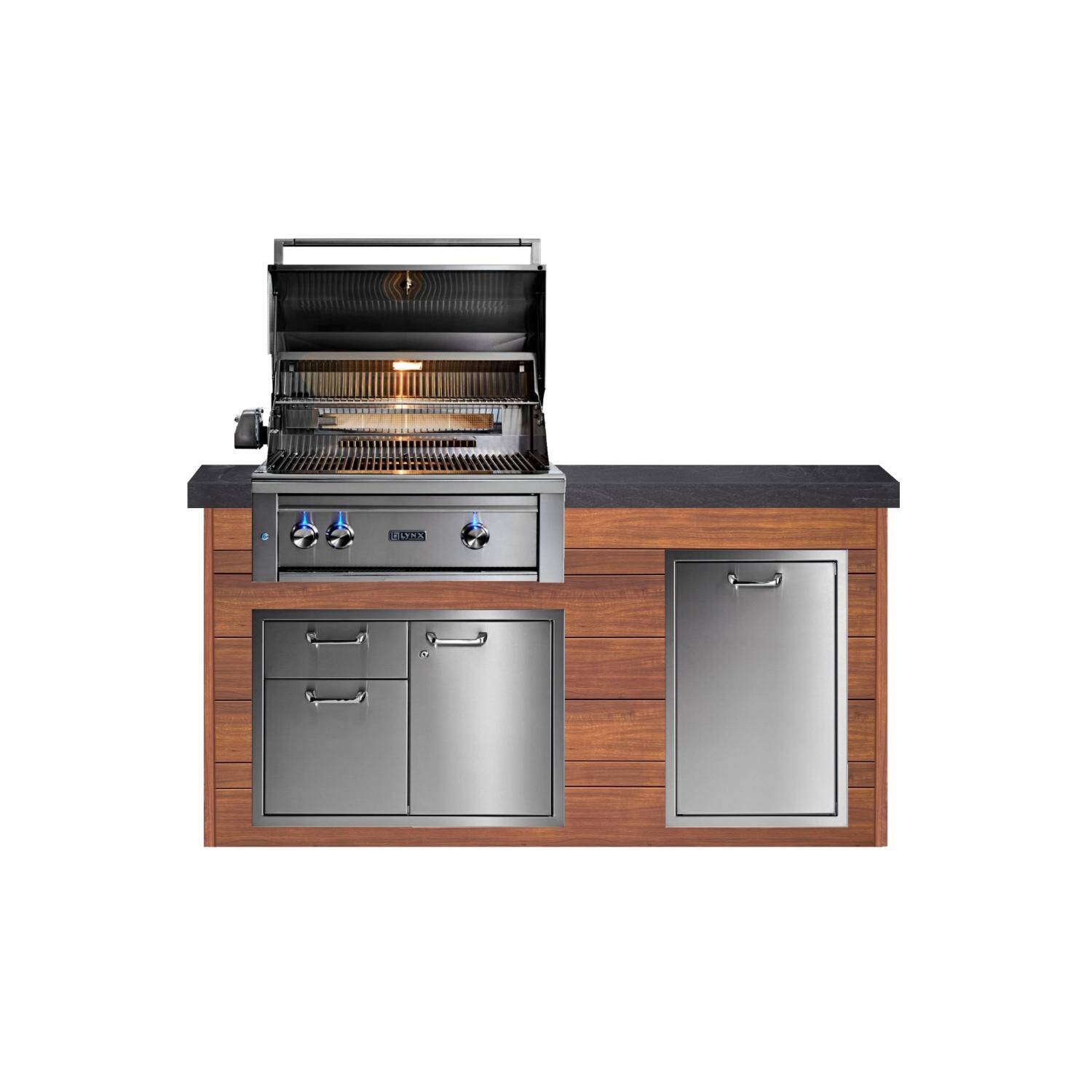 BBQGuys Signature 6ft Luxury Outdoor Kitchen w/ Lynx Professional 30-Inch Natural Gas Grill - Light National Walnut Aluminum w/ Black Polished Granite - White Background thumbnail