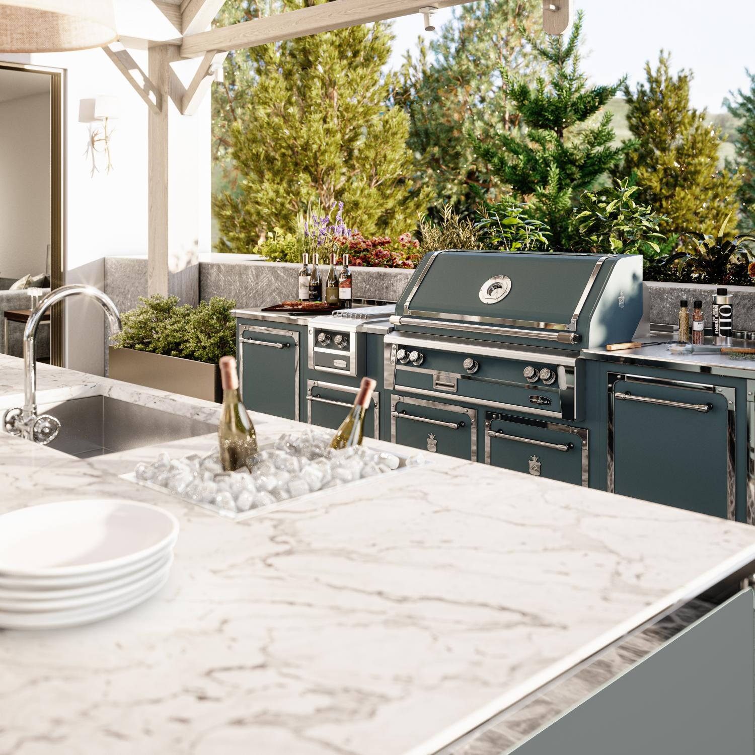 Officine Gullo BBQ42BI05 42-Inch OG Professional Propane Grill in Arancia di Sicilia - Built-In Grill Shown From The Side in Peacock Plume From Left Side View - Lifestyle thumbnail