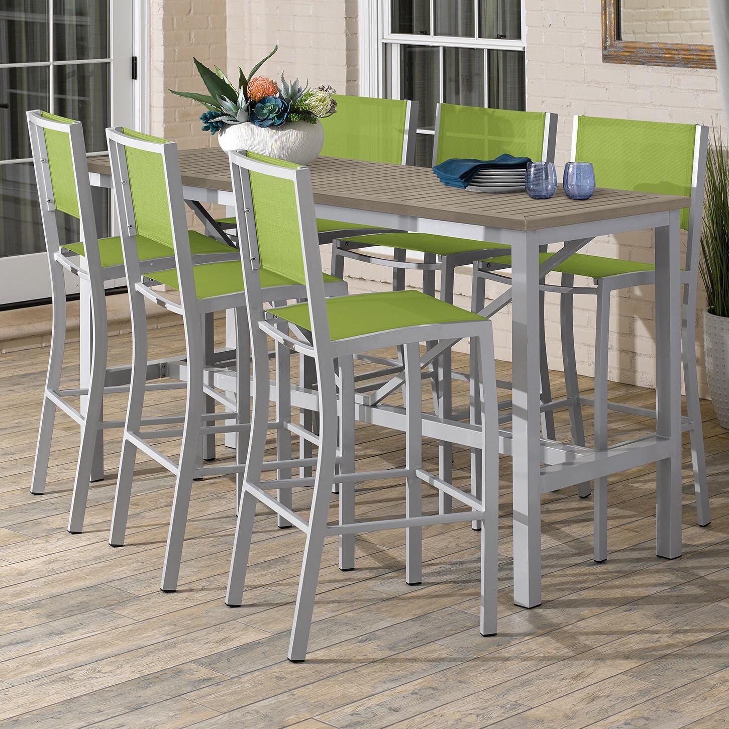 Travira 7 Piece Aluminum Patio Bar Set W/ 72 X 30 Inch Rectangular Table and Tekwood Vintage Tabletop By Oxford Garden - On The Patio thumbnail