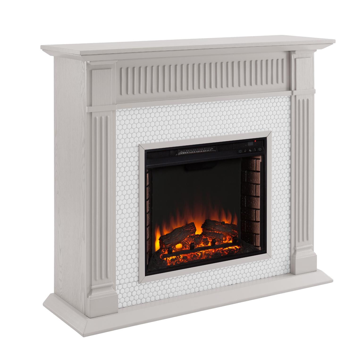 Southern Enterprises FE1009259 Chessing 48-Inch Electric Fireplace - Gray W/ White Penny-Tiles - Angle View thumbnail
