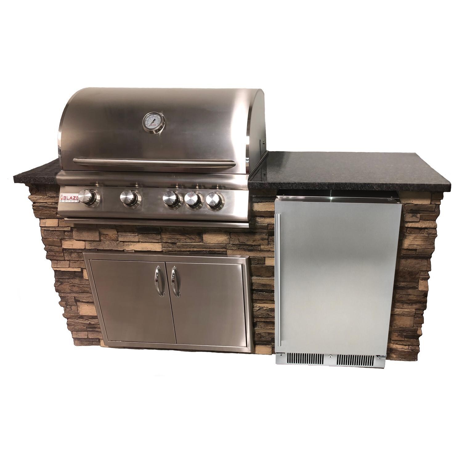 BBQGuys Signature 6-Foot Finished Island Kitchen W/ Blaze Premium LTE 32-Inch Natural Gas Grill & Outdoor Rated Refrigerator - Brown Stacked Stone W/ Steel Gray Polished Granite - 1360002