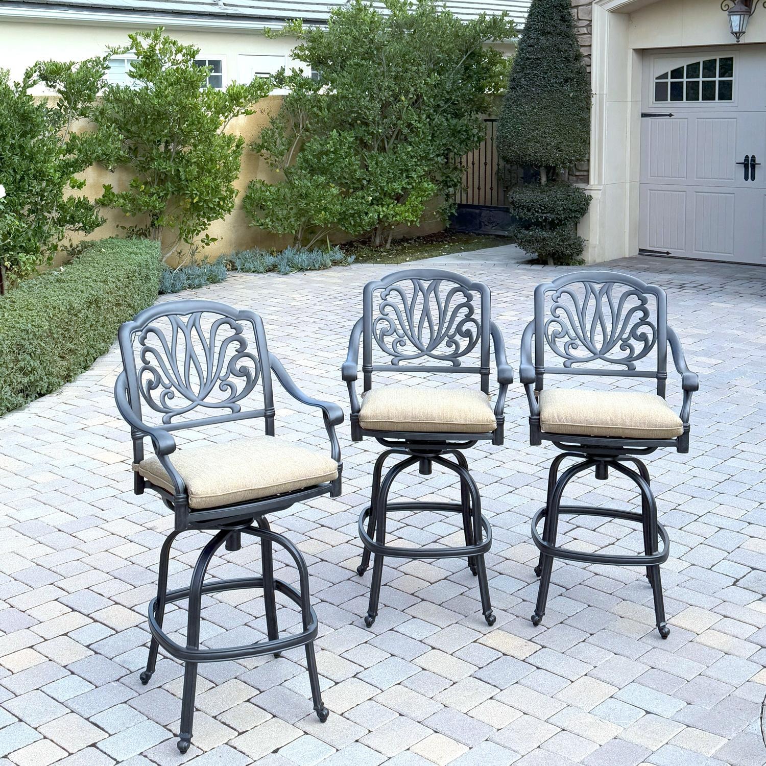 Darlee Elisabeth 3-Pc Cast Aluminum Bar Height Bar Stool Set in Antique Bronze/Beige - Full Set - On Patio - Lifestyle thumbnail