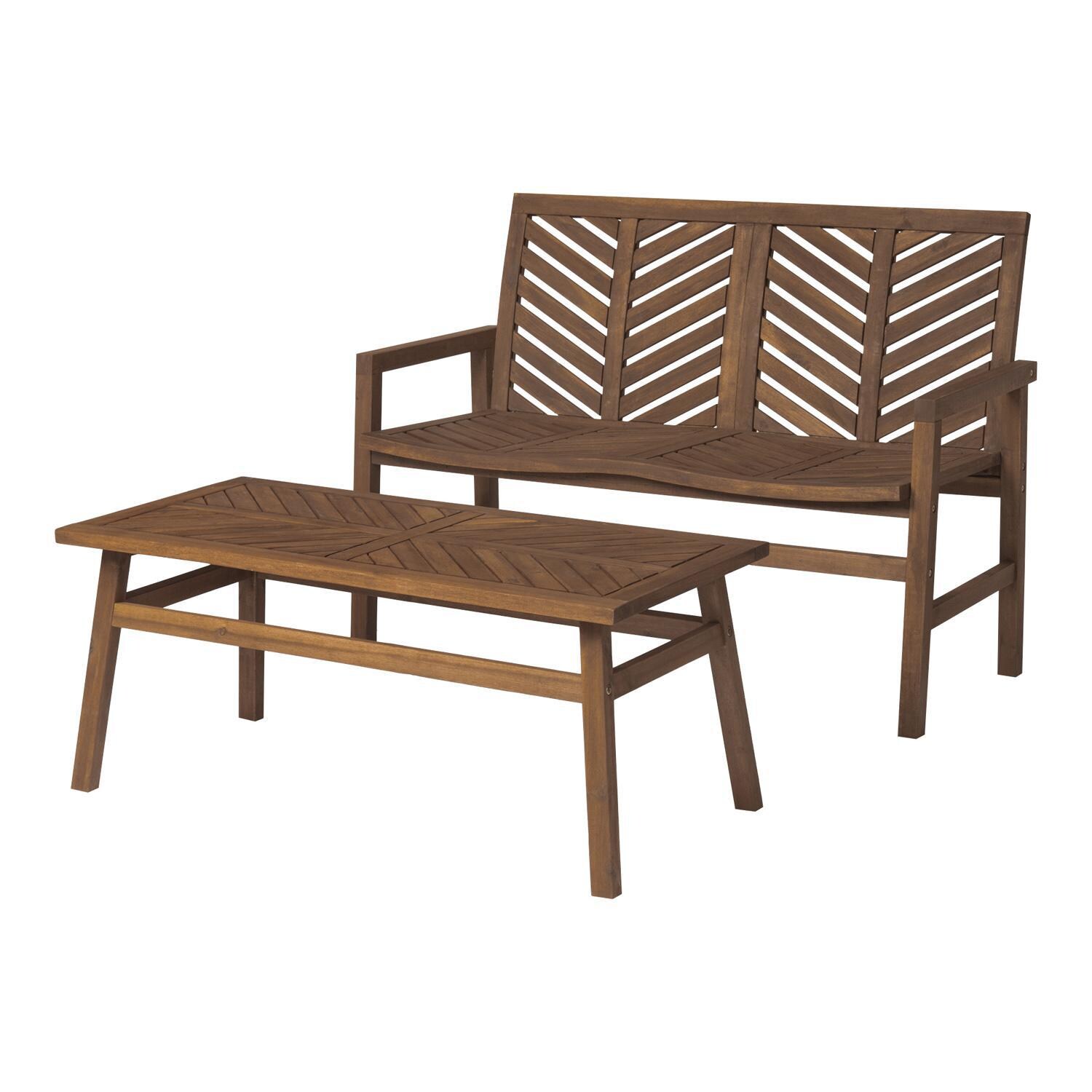 Ultimate Patio Wishlake 2 Piece Acacia Patio Conversation Set W/ 42 X 20 Inch Rectangular Table - Dark Brown - Angled View thumbnail