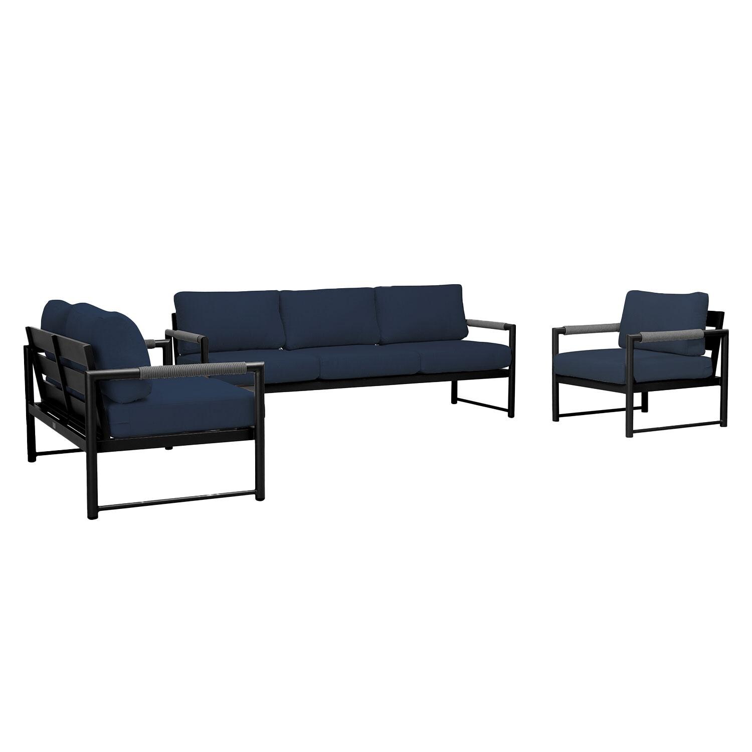 Lakeview AVEBAY-BK-CO-SET143-IN Avenue Bay Black/Carbon 3 Pc Sofa Loveseat Set - Spectrum Indigo - Angled - White Background thumbnail