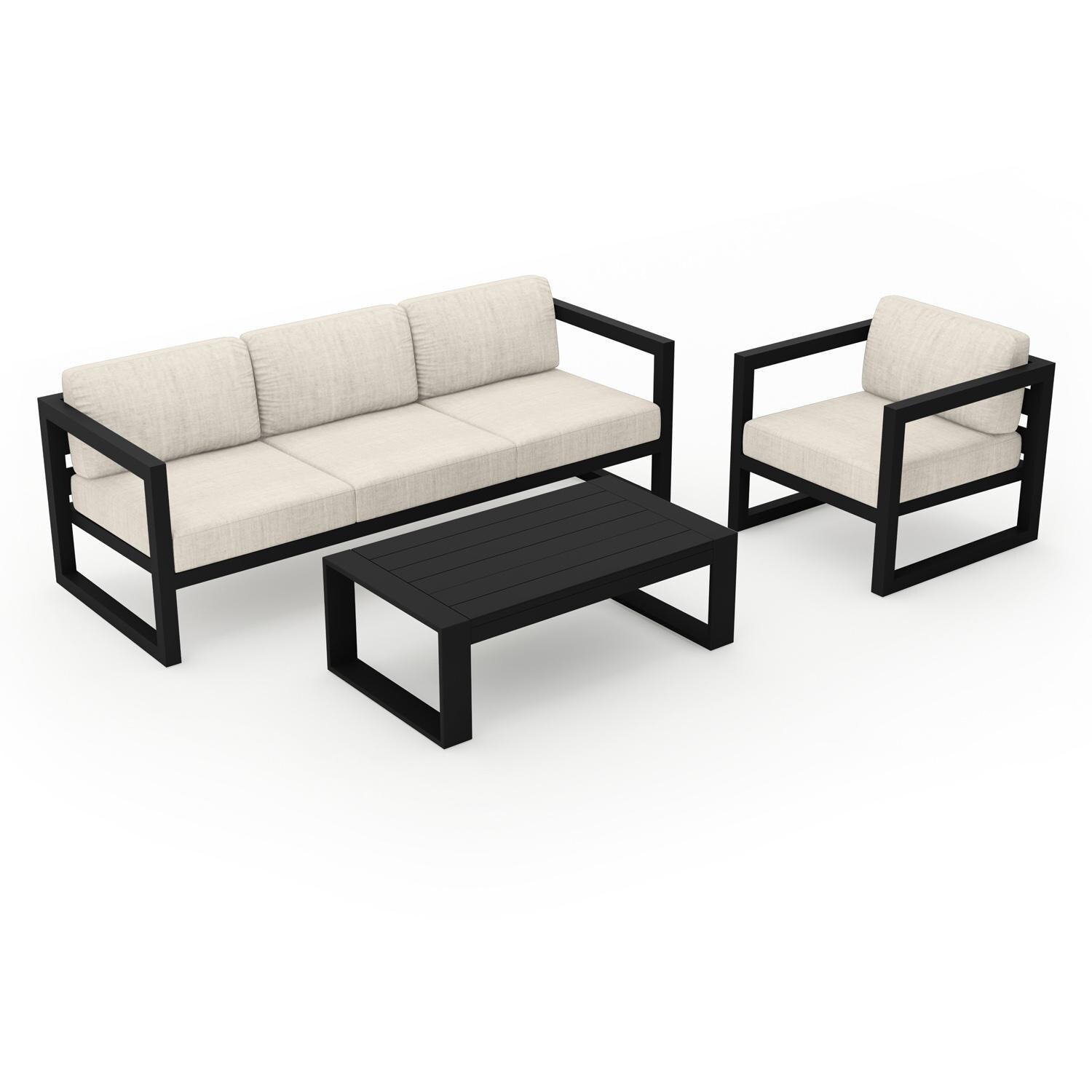 Lakeview MSTYCV-BK-3SS-CS Misty Cove 3 Pc Aluminum Seating Set in Black w/Portal Coffee Table & Cast Silver Cushions by Lakeview Outdoor Designs - Set Angled View - White Background thumbnail