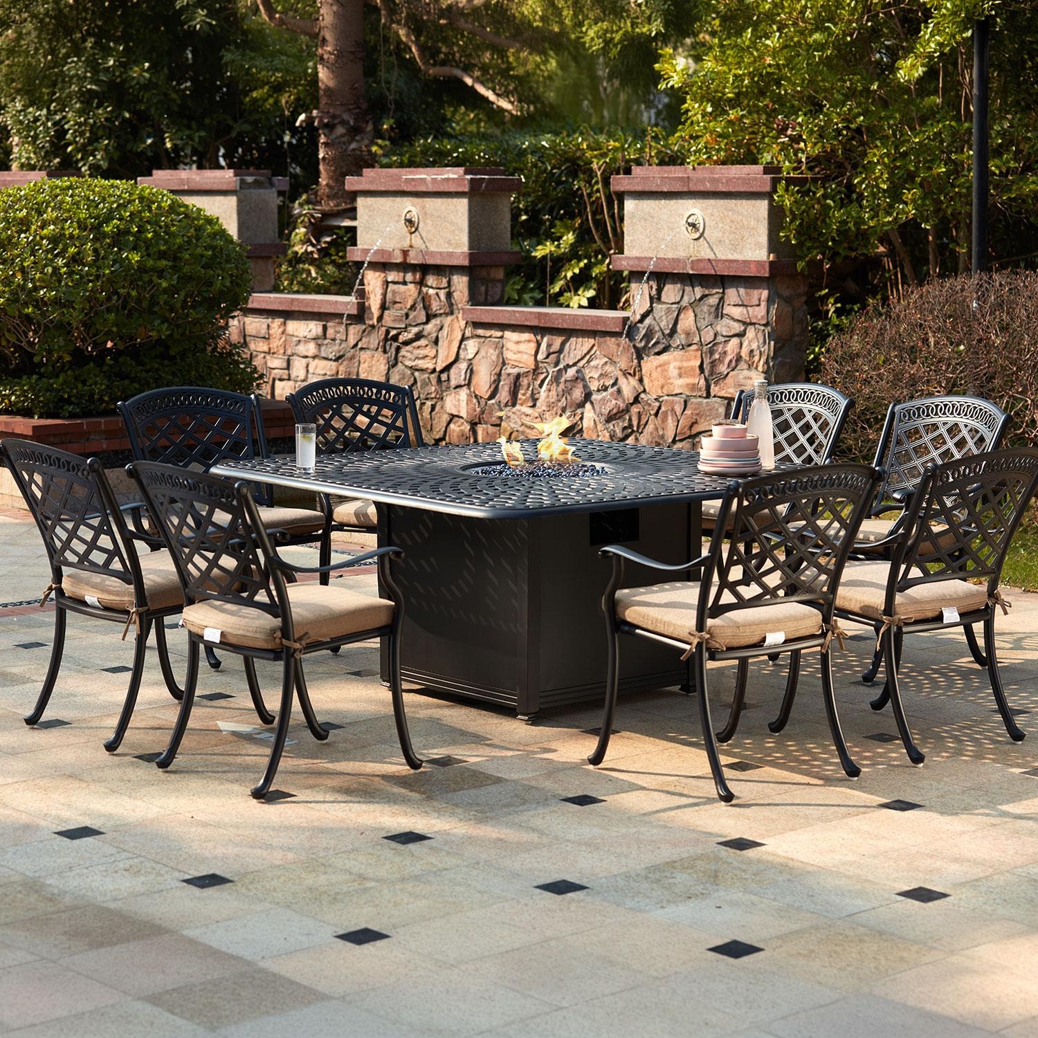 Sedona 9 Pc Cast Aluminum Fire Pit Dining Set w/ 64 Inch Square Signature Table in Antique Bronze/Beige Canvas by Darlee