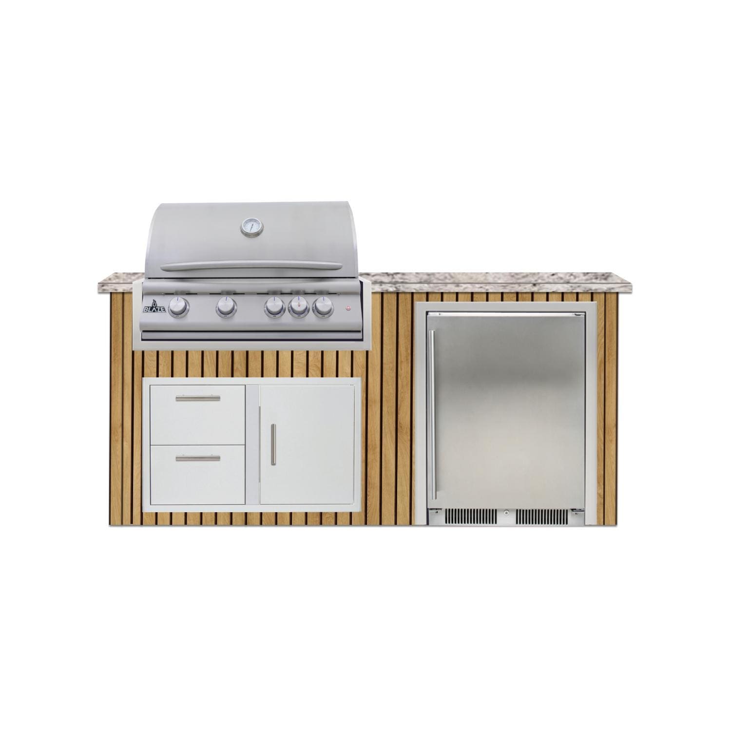 BBQGuys Signature  6 Ft Outdoor Kitchen Island w/ 32-in Blaze LTE+ Propane Grill & 24-in Refrigerator | Sun Bleached Oak w/ White Valley Granite - Island - White Background thumbnail