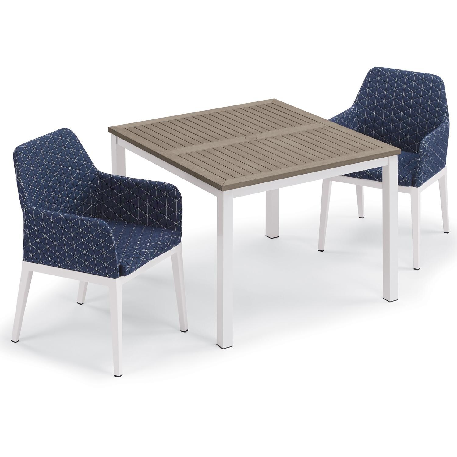 Oxford Garden Oland 3 Pc Aluminum Dining Set W/ Vintage Tekwood Table Top in Chalk/Quilted Spectrum Indigo - Top View thumbnail