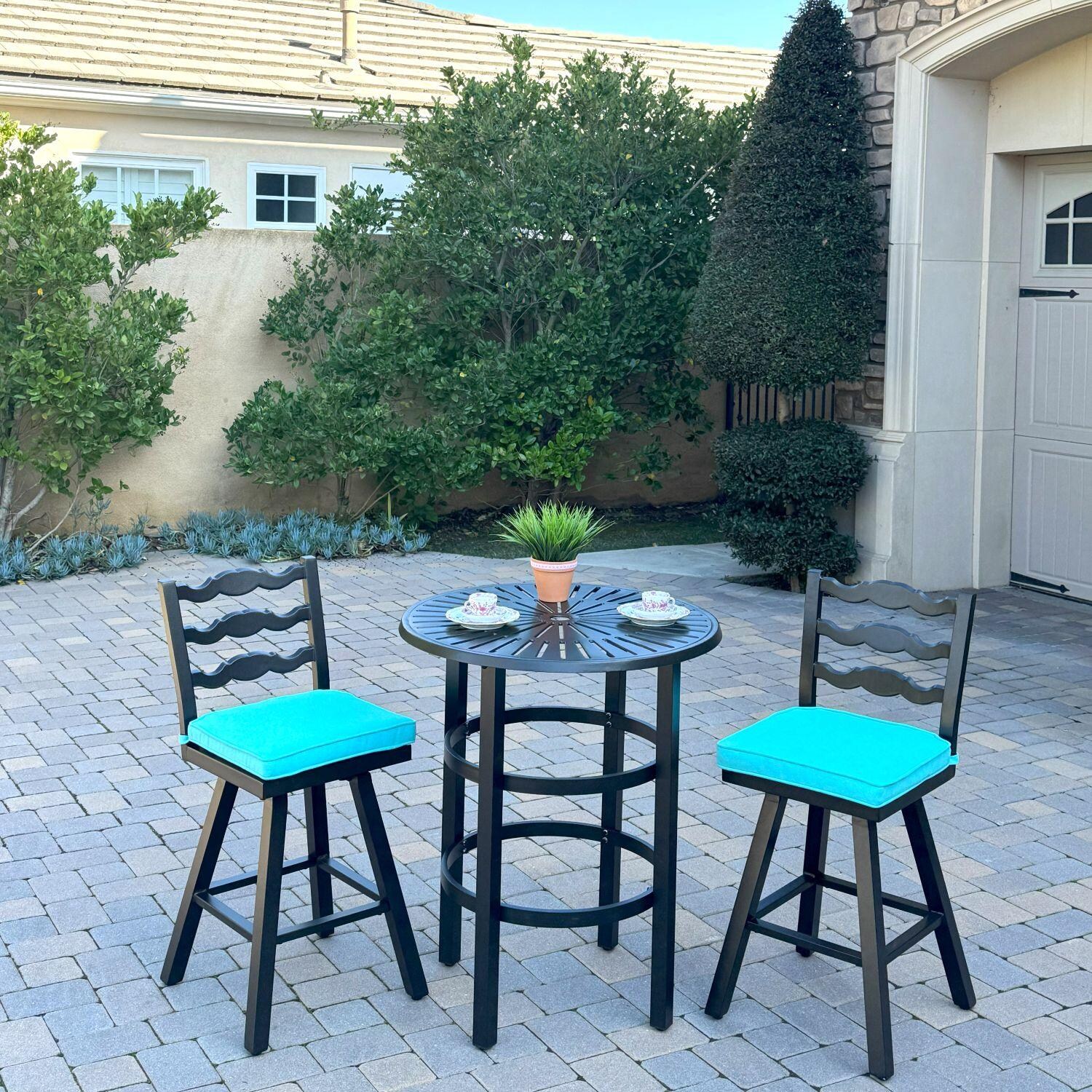 Aspen Aluminum 3 Pc Patio Bar Set w/ 30-in Round Counter Height Bar Table in Blue By Darlee - Patio - Lifestyle thumbnail