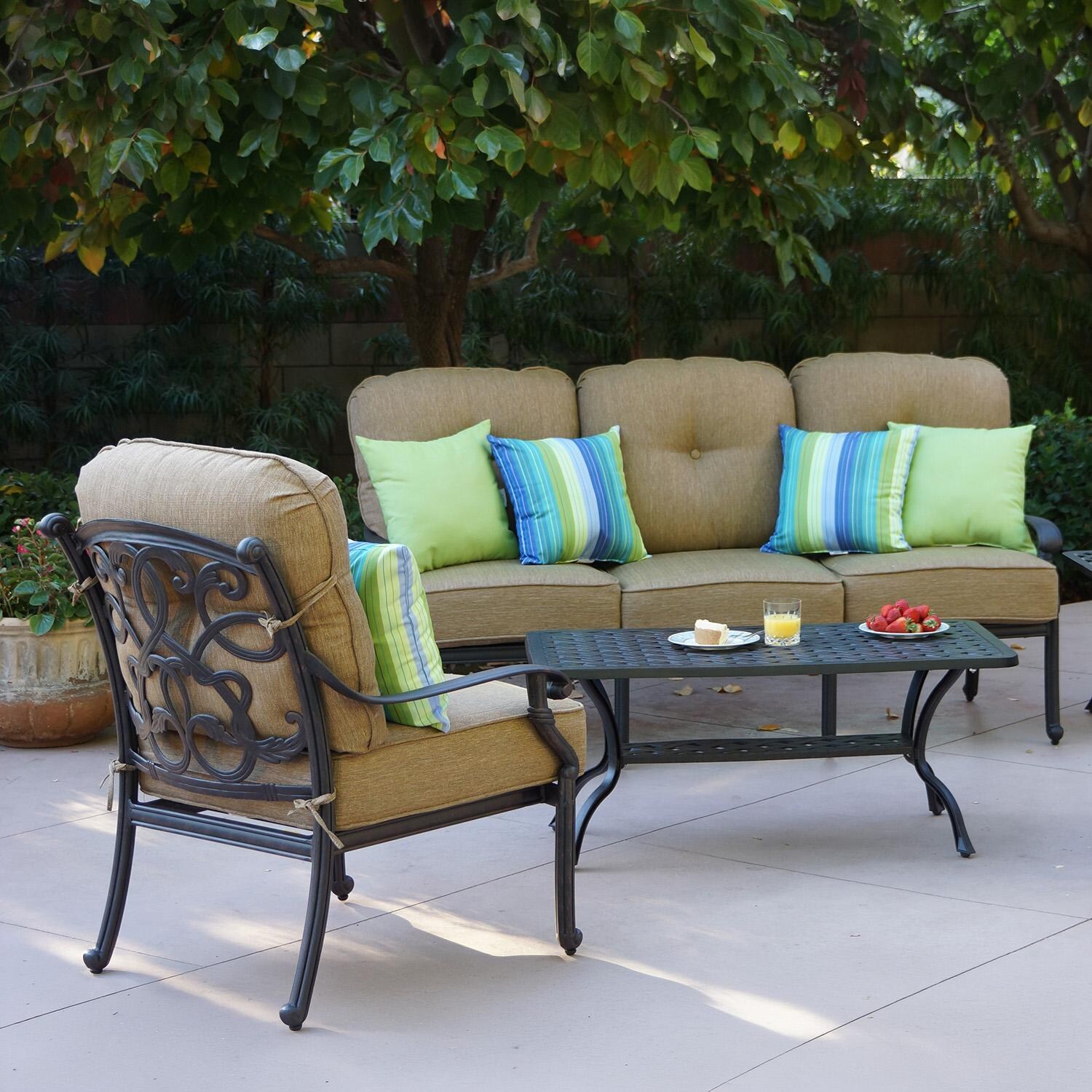 Darlee Santa Monica 3 Person Cast Aluminum Sofa in Antique Bronze/Sesame - On Patio w/ Table & Chair - Lifestyle thumbnail