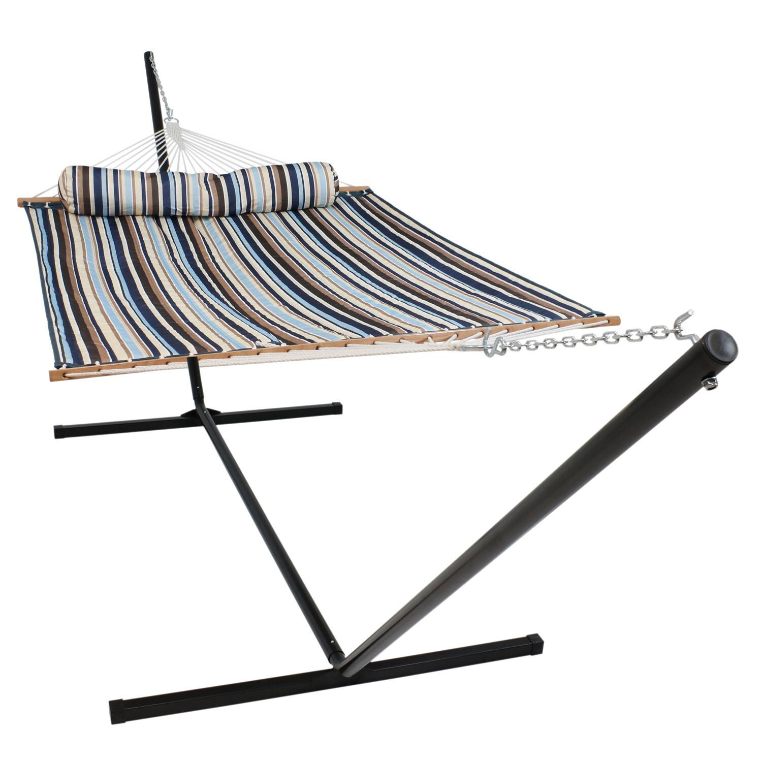 Sunnydaze Decor Quilted Double Hammock & Pillow w/ 15-Foot Black Stand - Ocean Isle - LY-QFH-OI-COMBO15 image