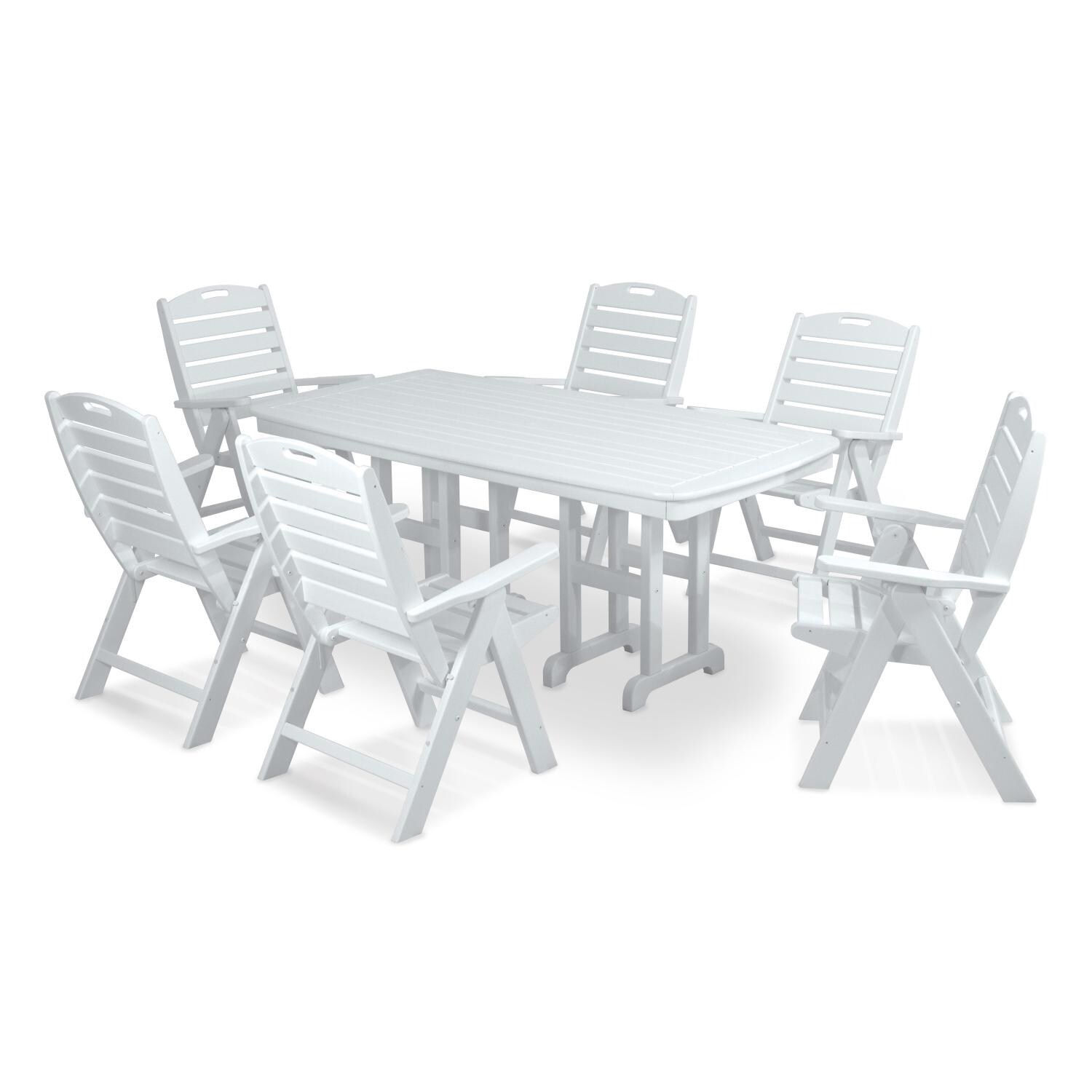 Nautical 7 Piece White Recycled Plastic Wood Patio Dining Set W/ 71 X