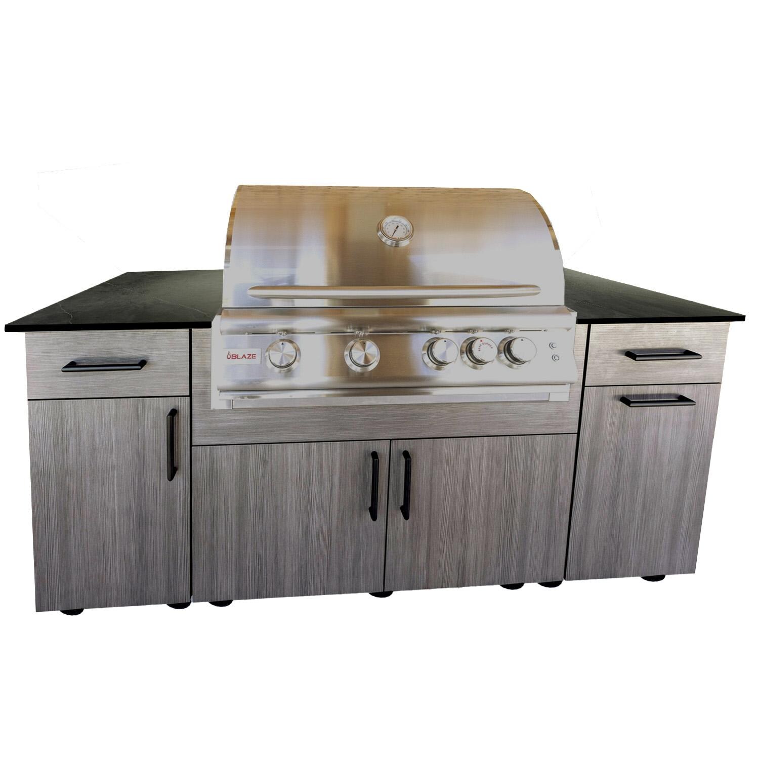 BBQGuys Signature Beech 6 Ft Outdoor Kitchen Island w/ Blaze Natural Gas Grill in Grey Cedar/Marquina Black - Island - White Background thumbnail
