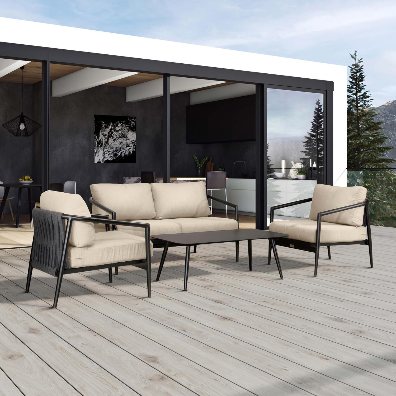 Lakeview Midnight Cove 4 Pc Aluminum Loveseat Seating Set in Black/Carbon/Canvas Flax - Detail - Lifestyle thumbnail