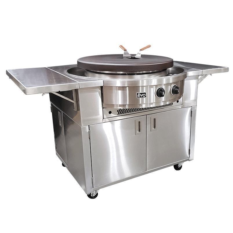 EVO 10-0055-LP Affinity 30G Flattop Propane Gas Grill On Stainless Steel Cart w/ Non-Stick Ceramic Clad Coating - Angled View - White Background thumbnail