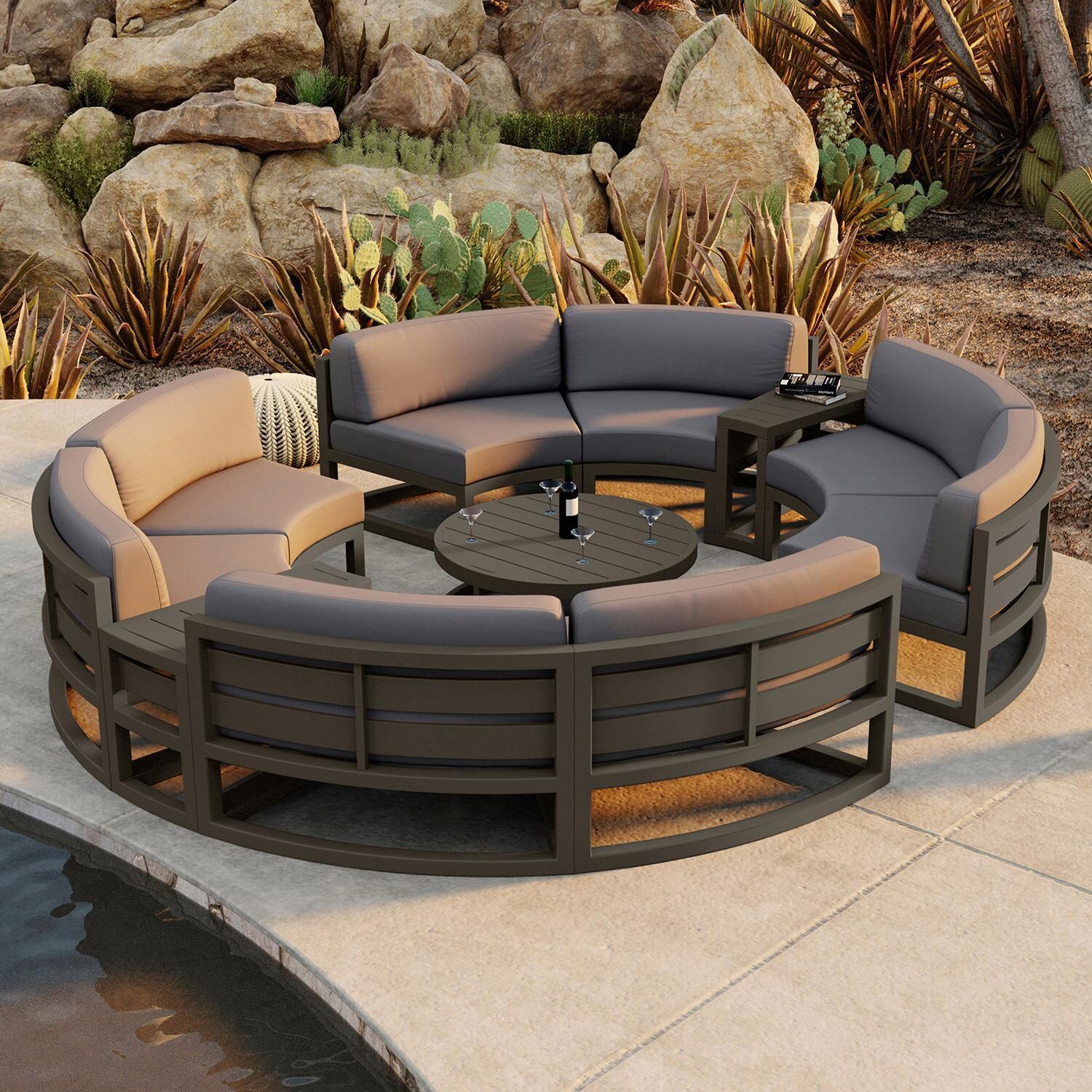 Misty Cove 7 Piece Curve Sectional Set in Slate w/Coffee Table & Canvas Charcoal Cushions by Lakeview - By the Water - Lifestyle thumbnail