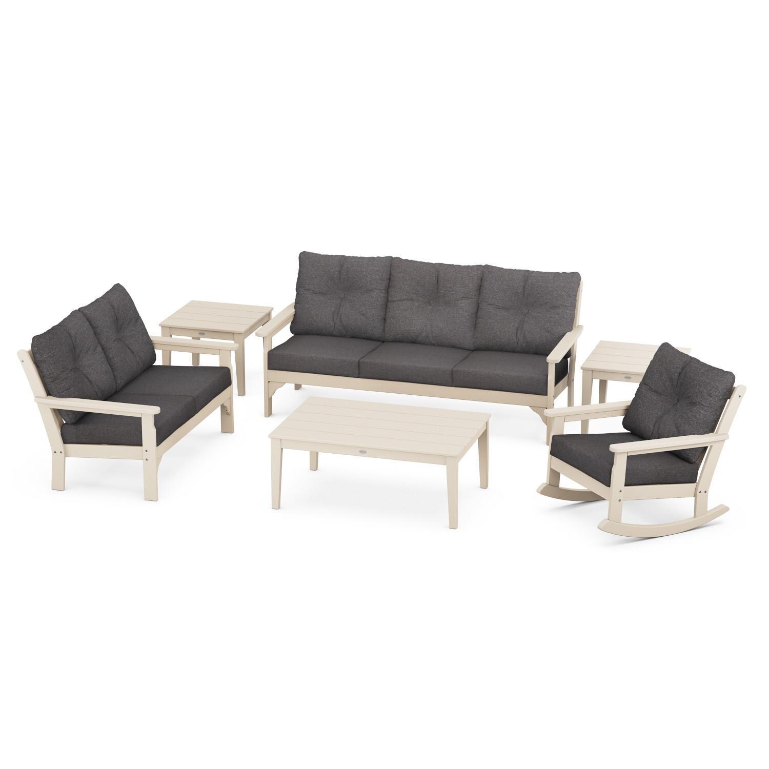 Vineyard 6 Pc Recycled Plastic Seating Set w/ Rocking Chair in Sand/Ash Charcoal by POLYWOOD