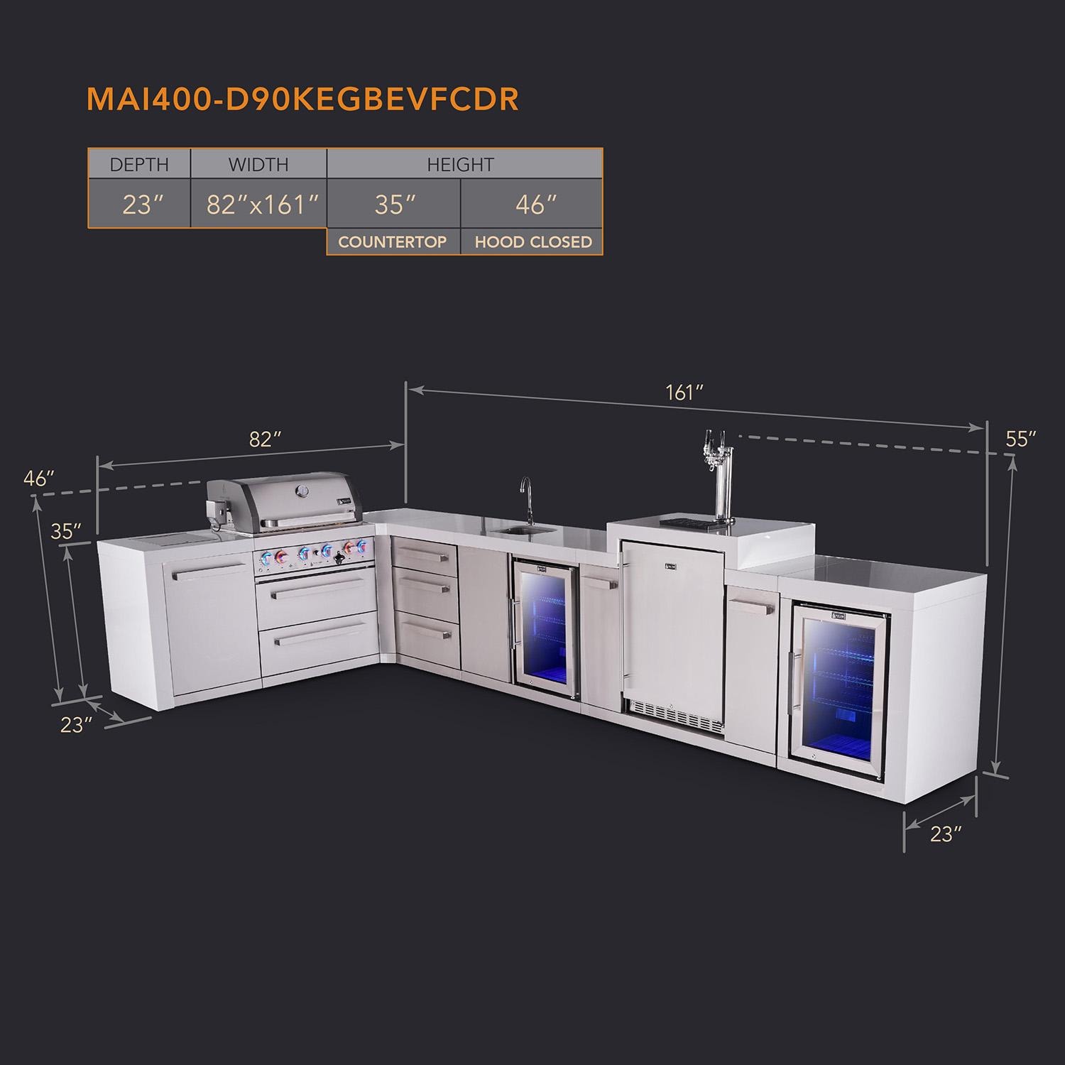 Mont Alpi Deluxe Series 13 1/2 Ft Propane Outdoor Kitchen Island w/ 32-in Grill, Side Burner, Beverage Center, Kegerator, Fridge & Extra Door - MAi400-D90KEGBEVFCXL - Dimensions - Dimensional thumbnail