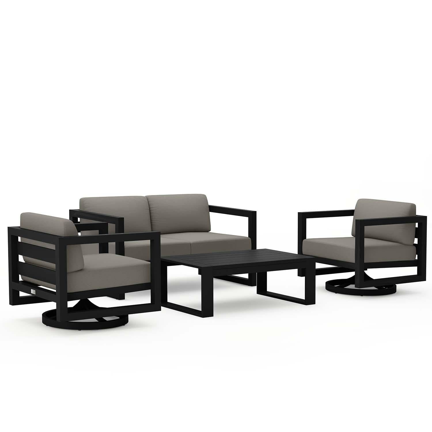 Misty Cove 4 Pc Aluminum Loveseat Seating Set w/ Swivel Chairs in Black/Canvas Charcoal by Lakeview Outdoor Designs - White Background thumbnail