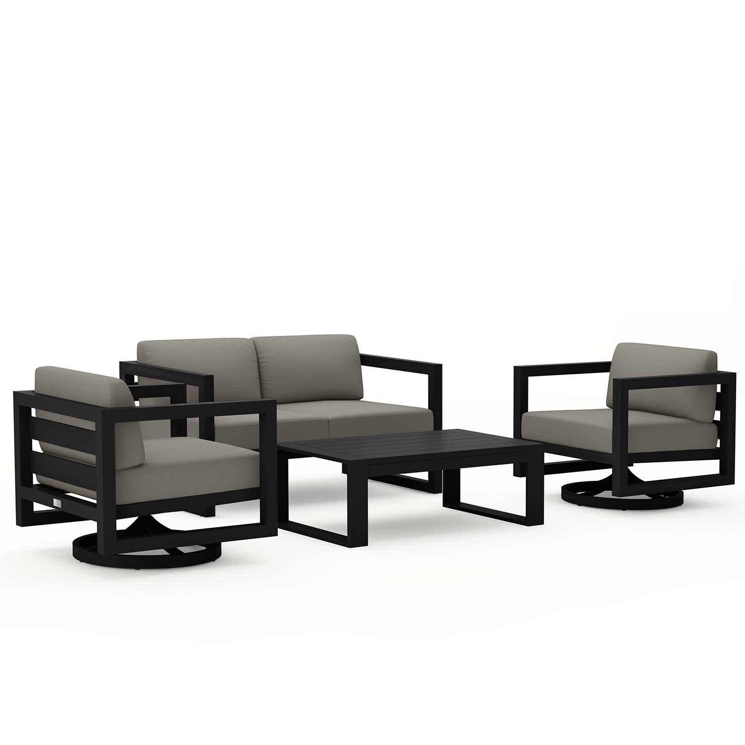Misty Cove 4 Pc Aluminum Loveseat Seating Set w/ Swivel Chairs in Black/Canvas Charcoal by Lakeview Outdoor Designs - White Background thumbnail
