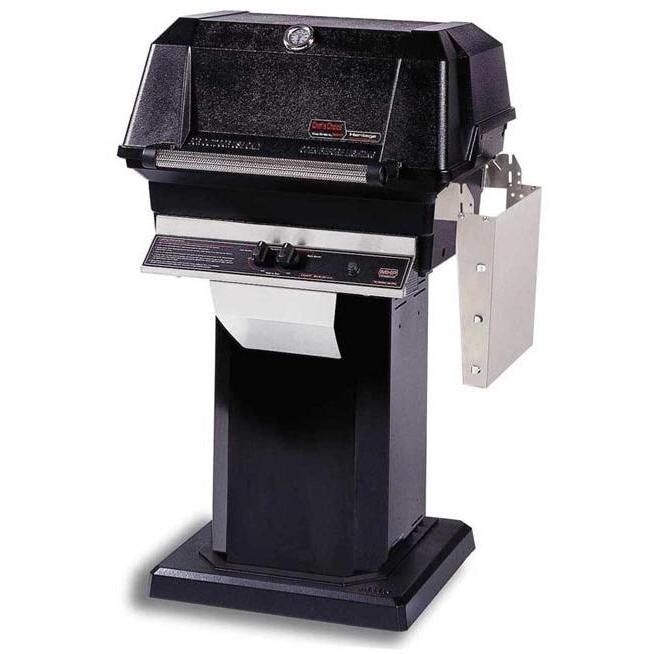 MHP JNR4DD Propane Gas Grill With Stainless Steel Shelves And SearMagic Grids On Black Patio Base