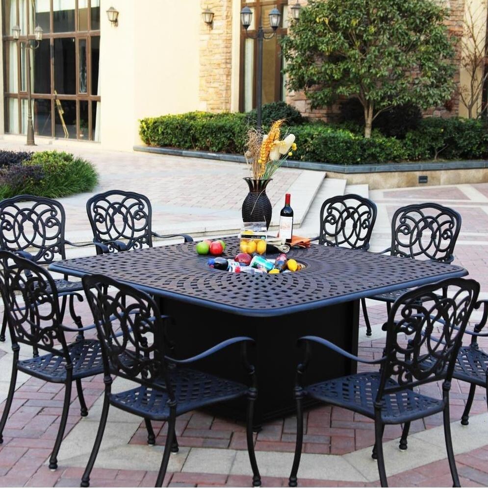Darlee Florence 9 Piece Cast Aluminum Patio Fire Pit Dining Set - Antique Bronze