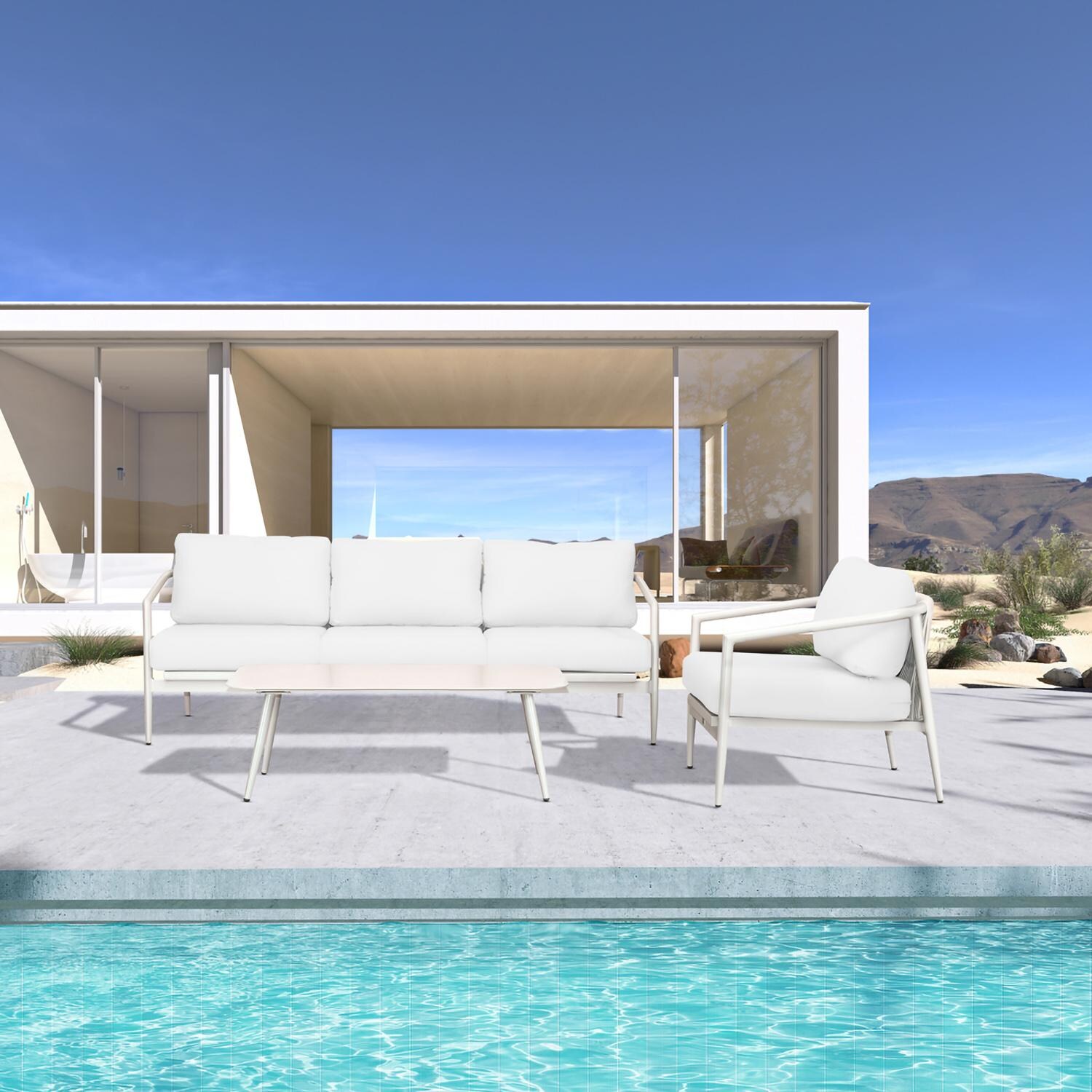 Midnight Cove 3 Pc Aluminum Seating Set in Urban Stone/Canvas Natural by Lakeview Outdoor Designs