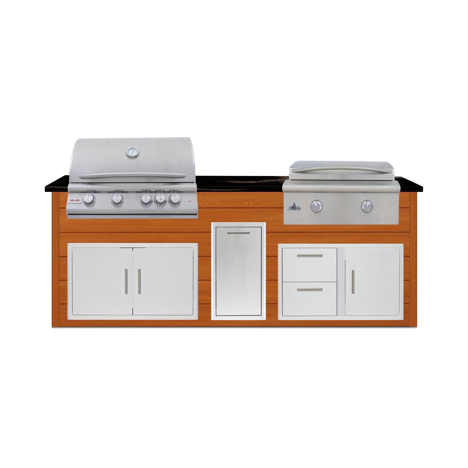 BBQGuys Signature 8 Ft Grill Island w/ 32 Inch Natural Gas Blaze Premium LTE+ Grill & Griddle, Narrow Trash Bin & Door & Drawer | Chai Cedar w/ Nero Mist Granite - Front - White Background thumbnail