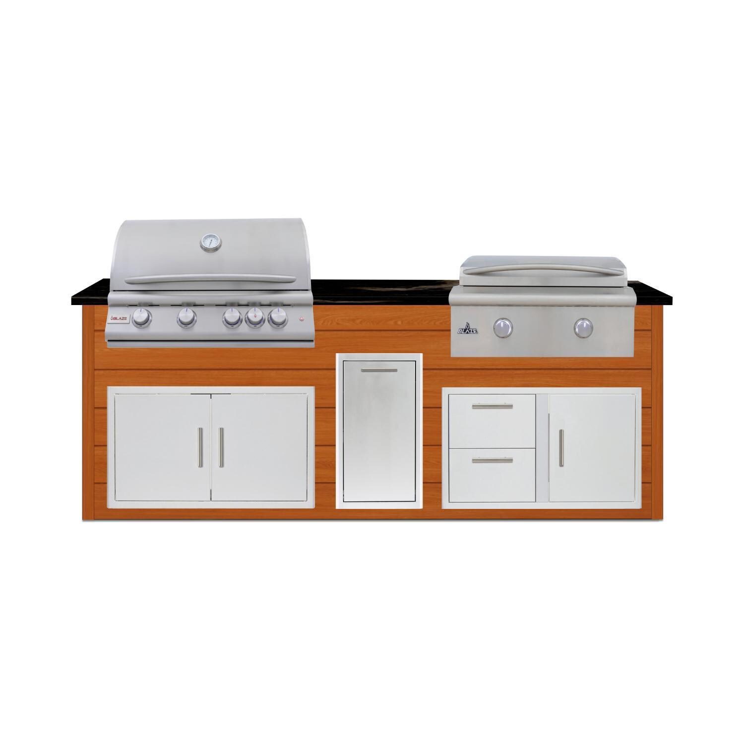 BBQGuys Signature 8 Ft Grill Island w/ 32 Inch Natural Gas Blaze Premium LTE+ Grill & Griddle, Narrow Trash Bin & Door & Drawer | Chai Cedar w/ Nero Mist Granite - Front - White Background thumbnail