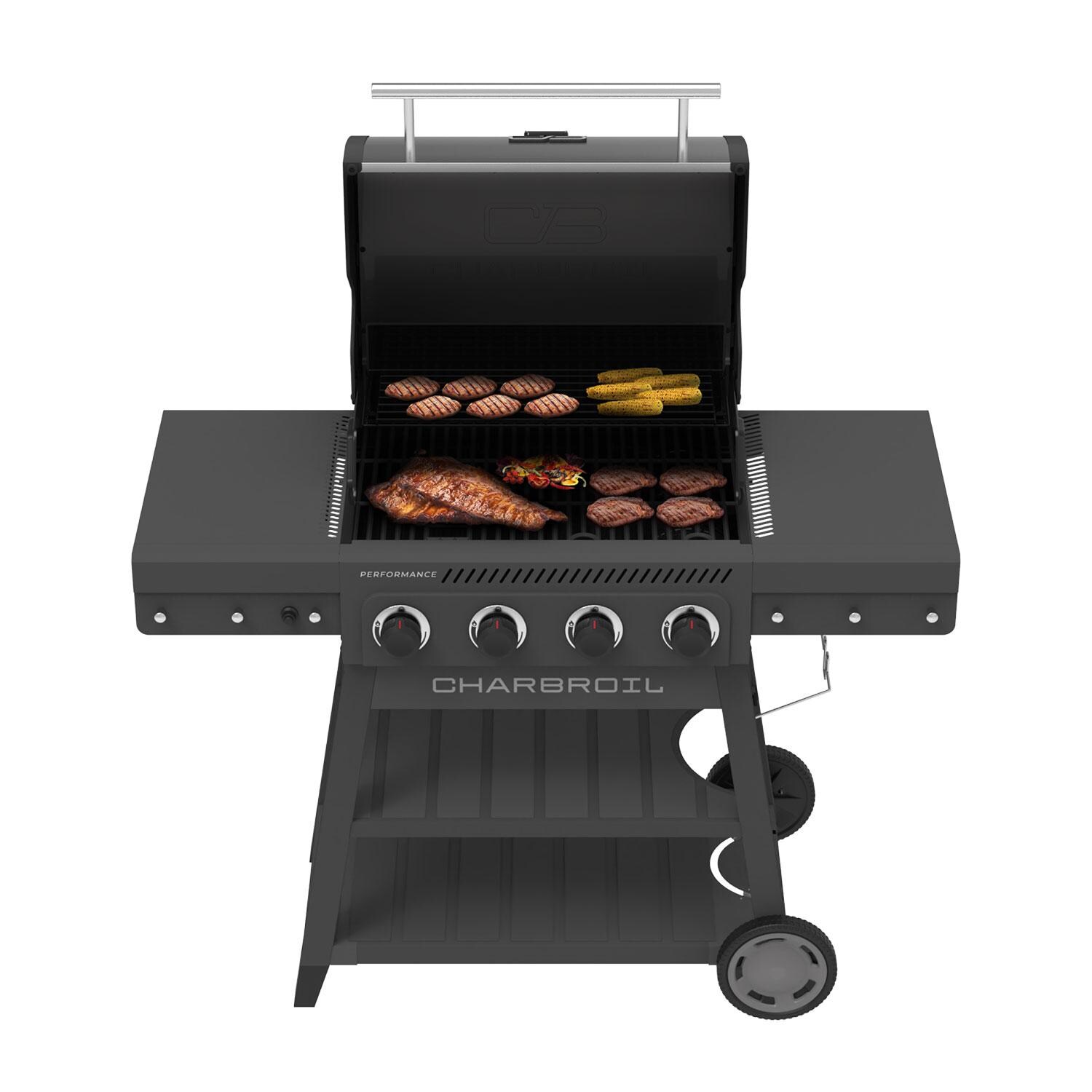 Charbroil 463349025 Performance Series 4-Burner Propane Grill A-Frame Cart - Grey & Stainless Steel - Lid Up - White Background thumbnail
