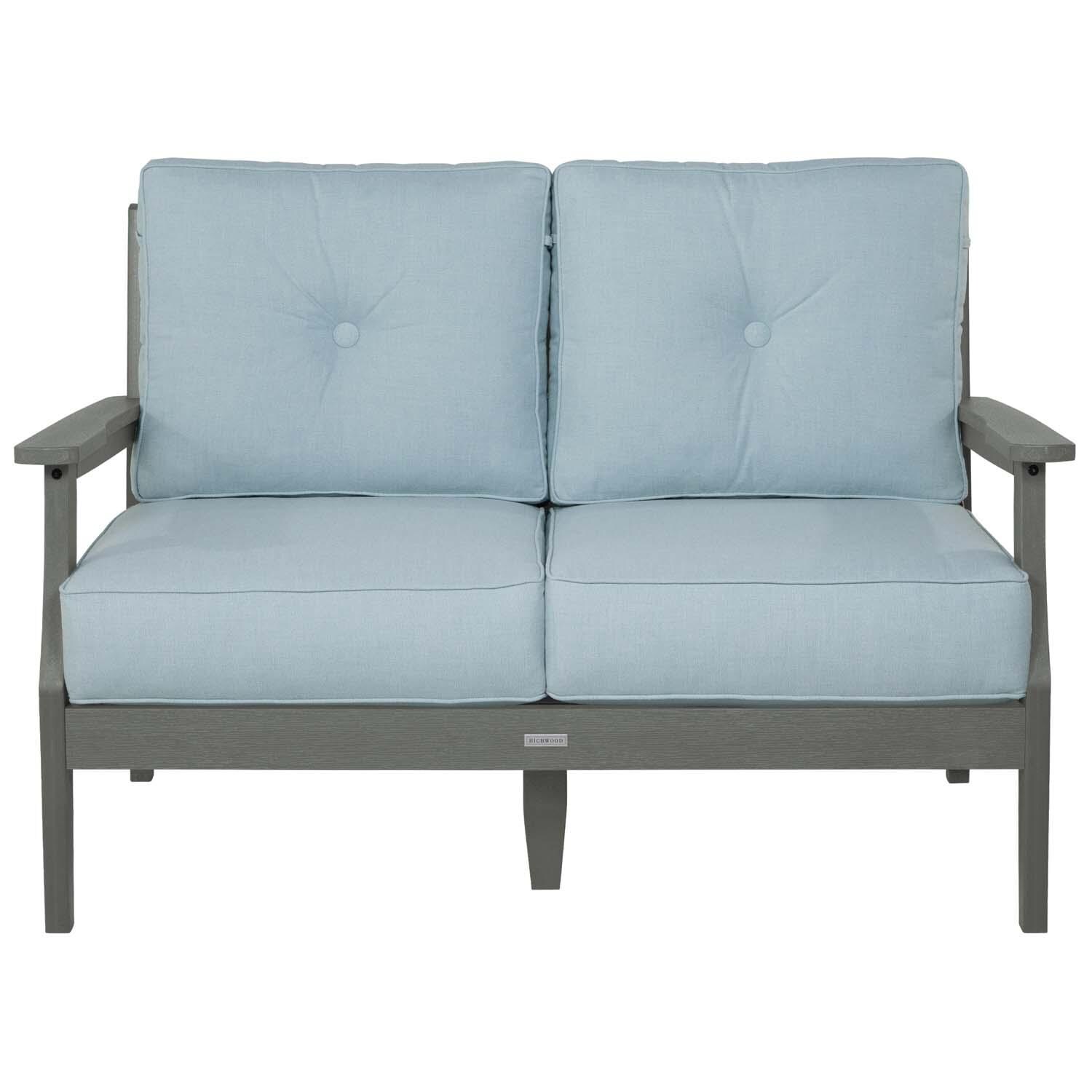 Blushing Bay 2 Person Recycled Plastic Loveseat in Bliss Dew/Coastal Teak by Lakeview Outdoor Designs - White Background thumbnail
