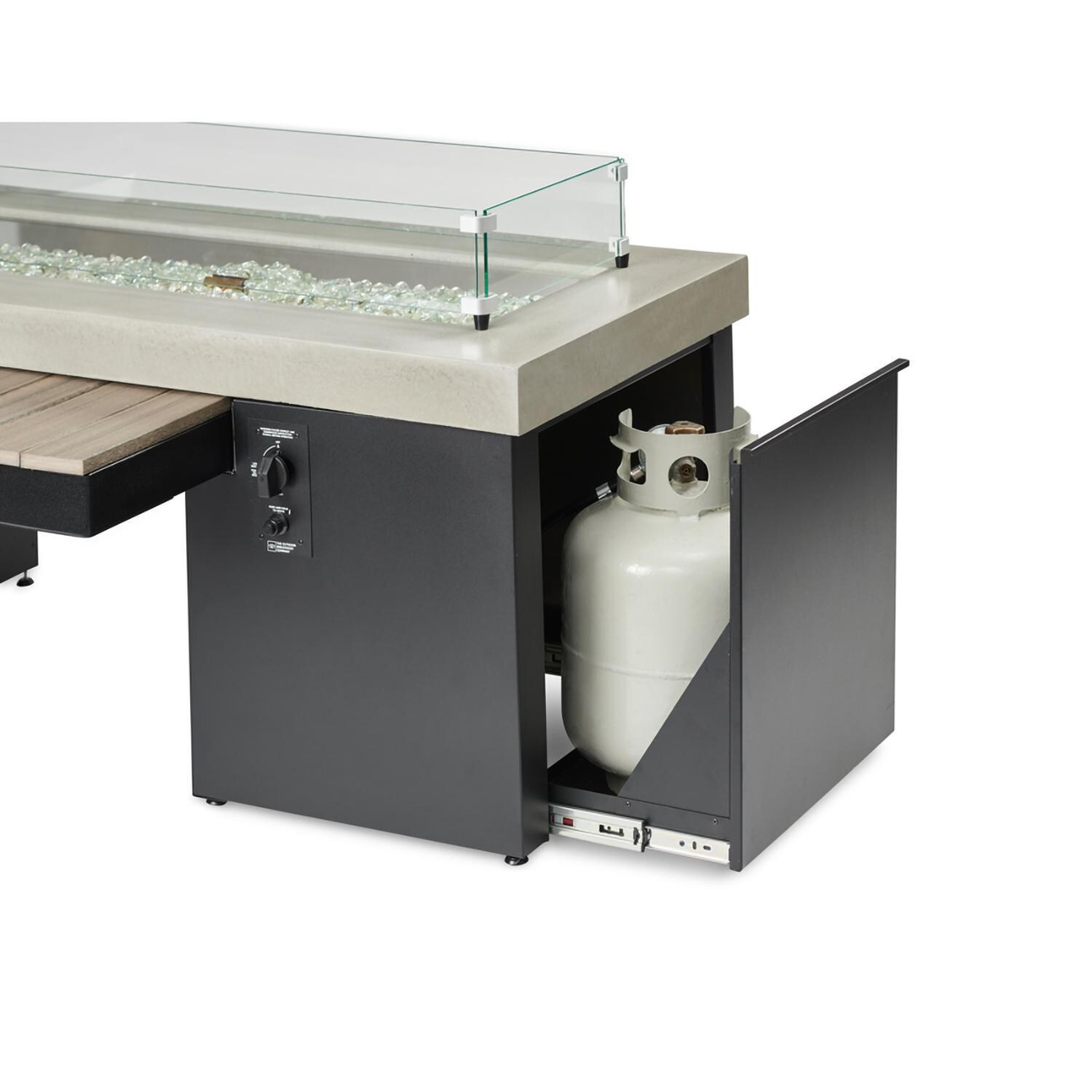 Lakeview Outdoor Designs Emfield 65 Inch Rectangular Aluminum Propane w/ Electronic Ignition Fire Pit Table in Coastal Grey - Tank Drawer - White Background thumbnail