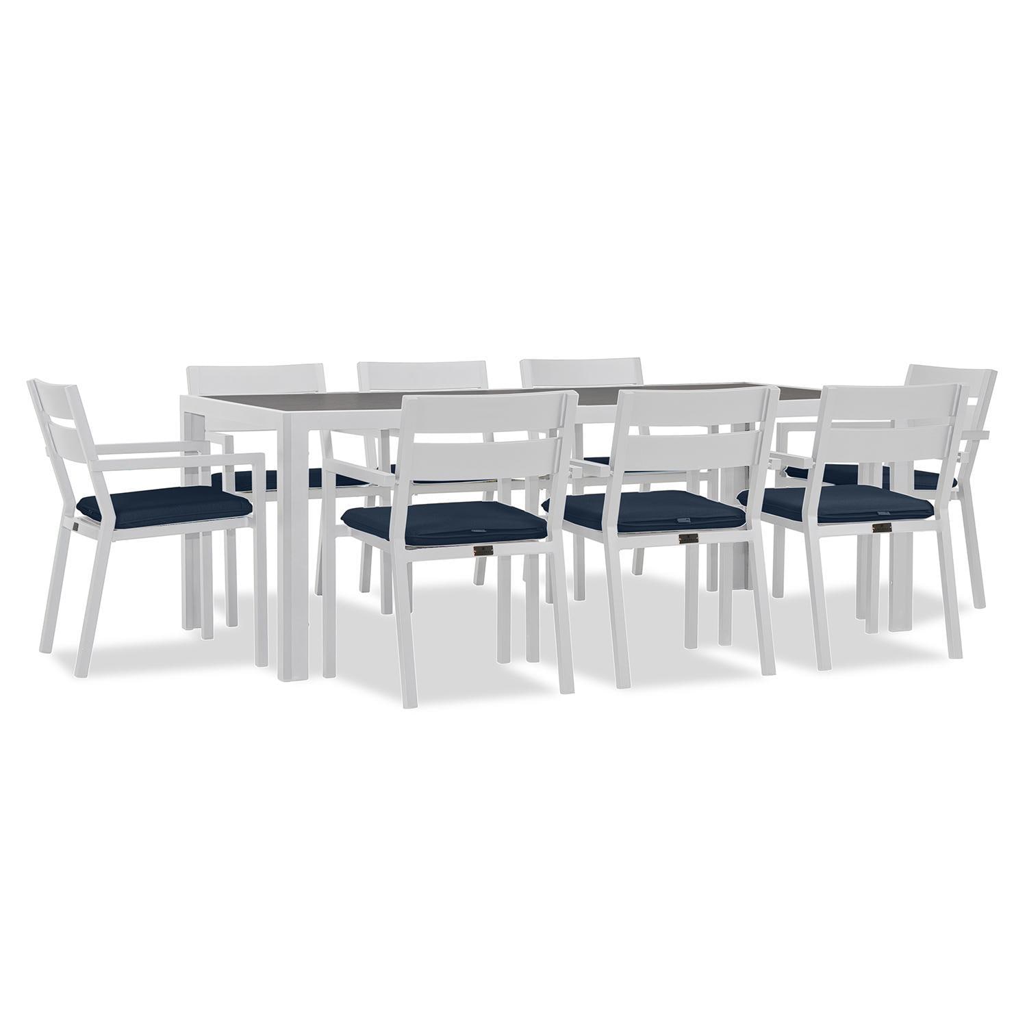 Calm Bay 9 Pc Rectangular Aluminum Dining Set in White/Spectrum Indigo by Lakeview Outdoor Designs