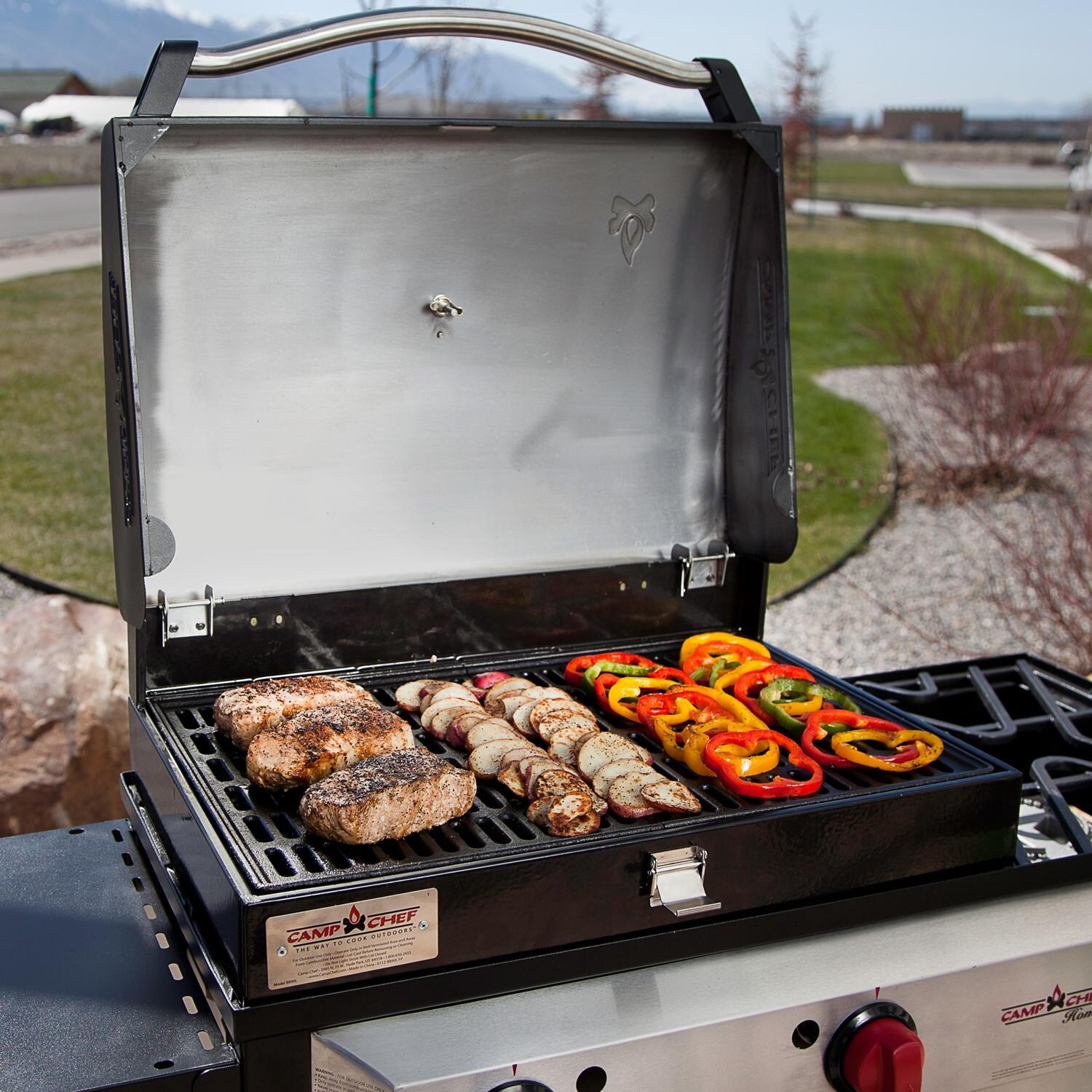 Camp Chef BB90L Deluxe BBQ Grill Box 90 Accessory For 16-Inch Stoves - Lifestyle View - Grilling On A Camp Chef Stove (stove not included) thumbnail