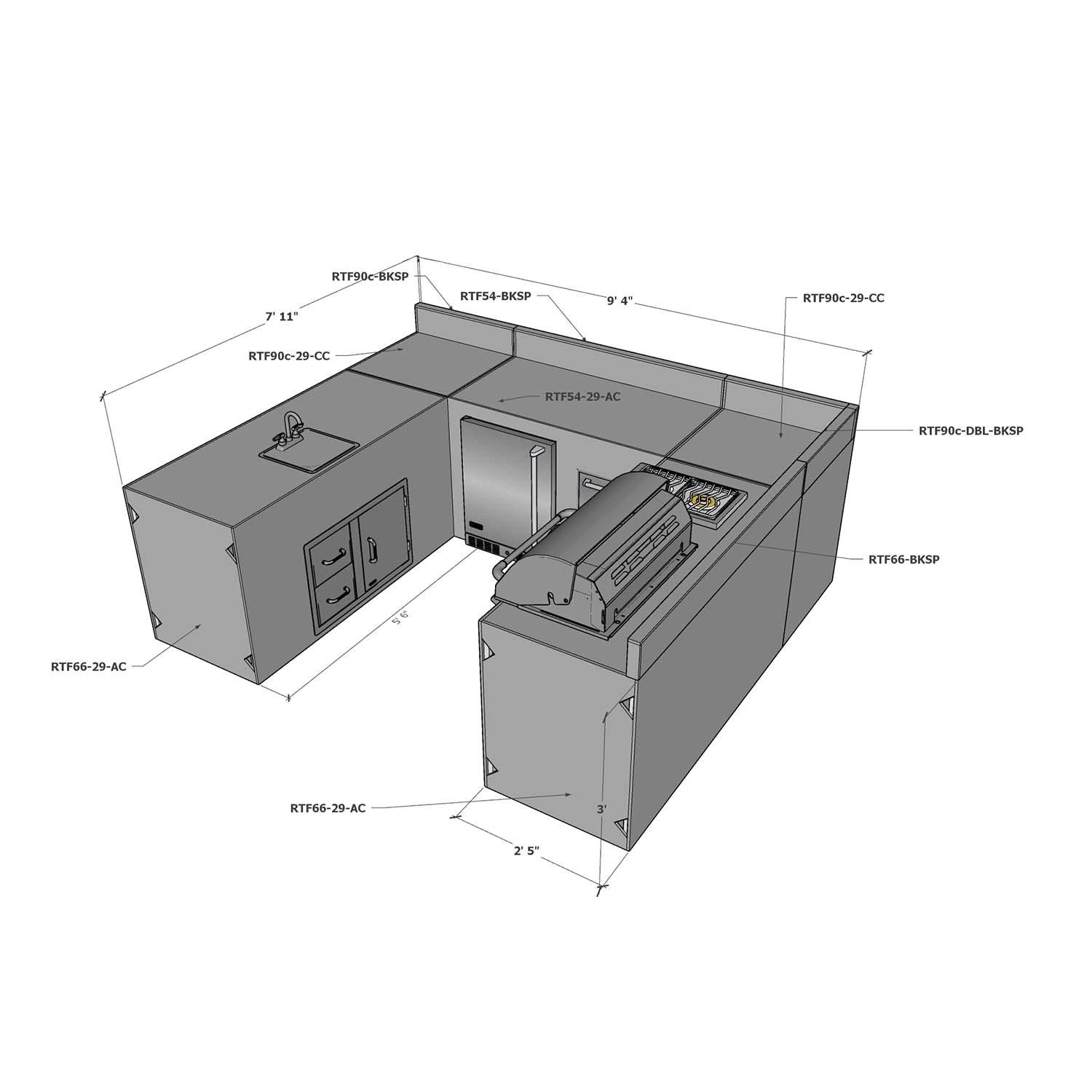 Universal 8 ft X 9.5 ft X 8 ft Ready To Finish U-Shaped Outdoor Kitchen System Appliance and Storage Cabinets W/Backsplashes On 2 Full Sides - W/Appliances Back - Dimensional thumbnail