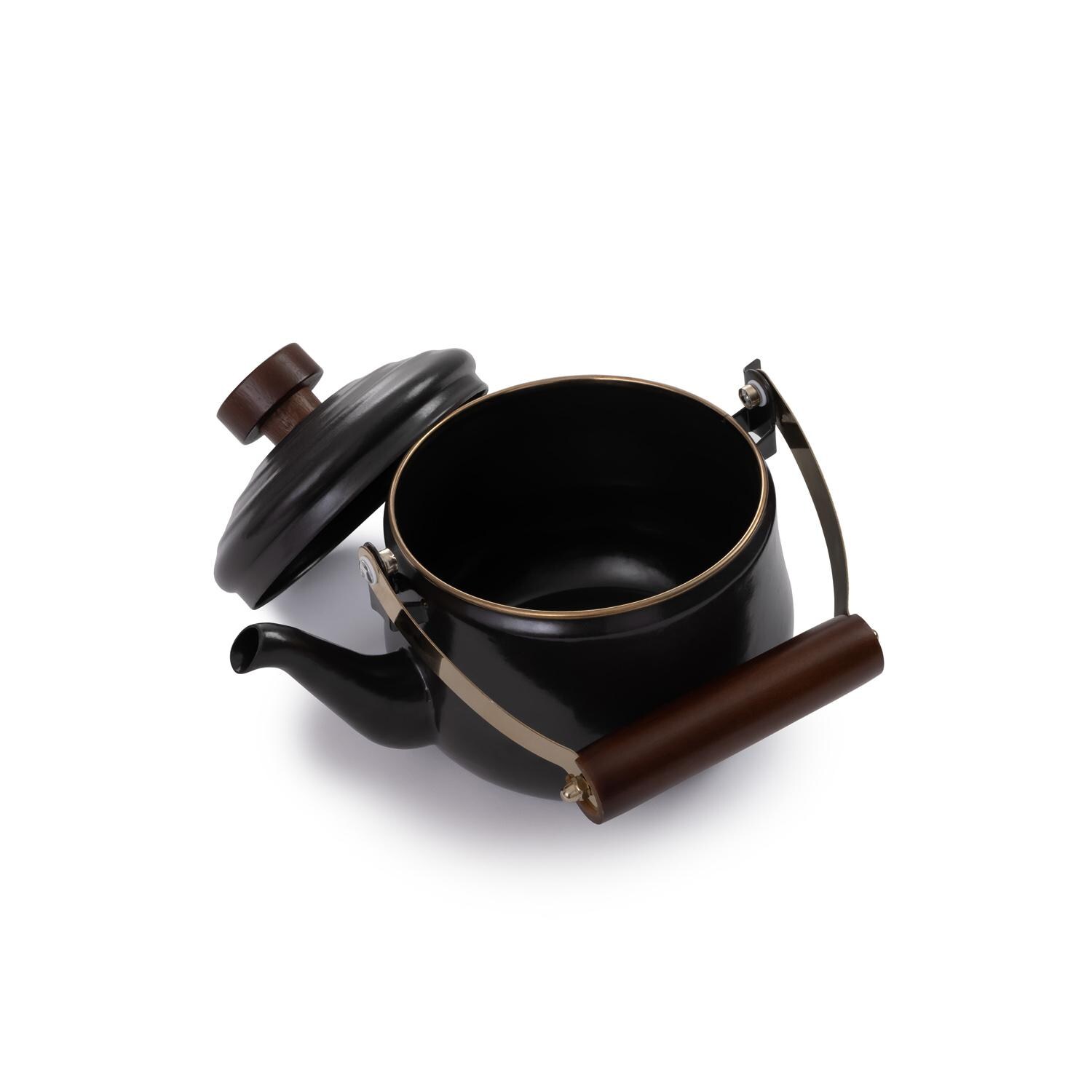 Barebones Living CKW-348 Enamel Teapot - Charcoal - Shown With Lid Off thumbnail