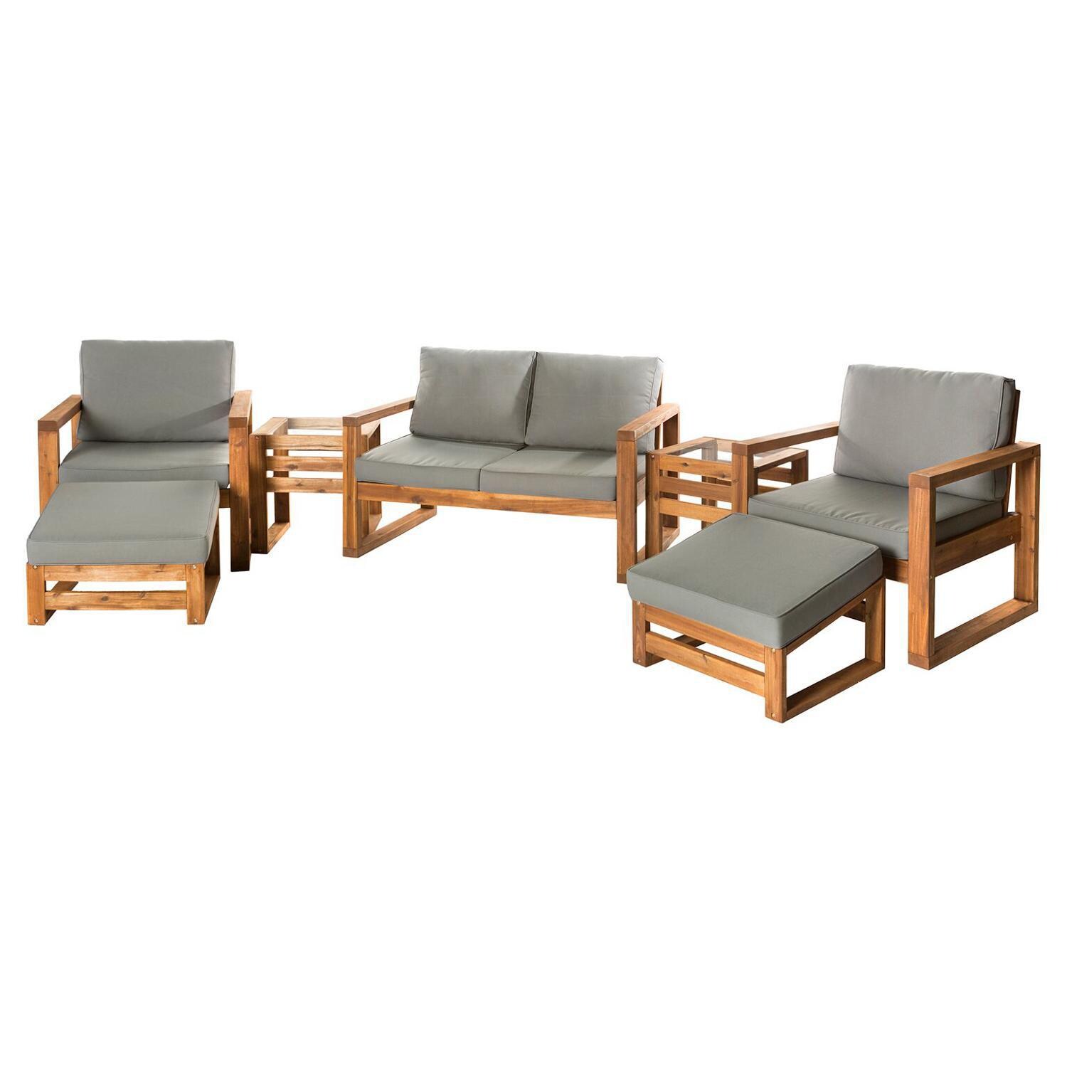 Ultimate Patio Window Bay 7 Piece Acacia Patio Conversation Set W/ Gray Cushions - Angled View thumbnail