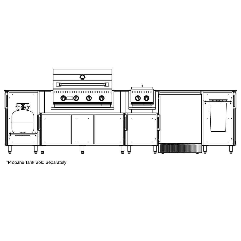 WeatherStrong Nassau 10 1/2 Ft Outdoor Kitchen Island w/ Blaze Propane Grill, Side Burner & Refrigerator in Sapphire Blue/Midnight Ice - Line Drawing Open - Dimensional thumbnail