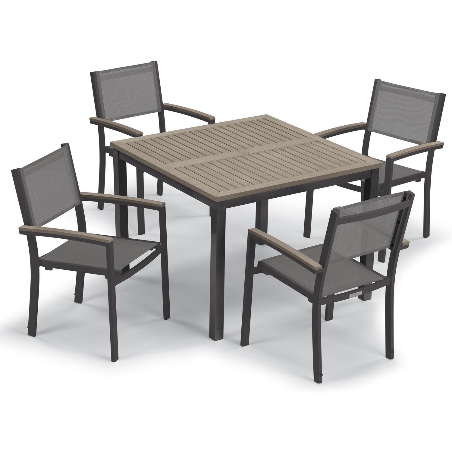 Oxford Garden Travira 5 Pc Composite Sling & Aluminum Dining Set W/ Vintage Tekwood Arm Caps & Table Top in Carbon/Titanium - Top View thumbnail