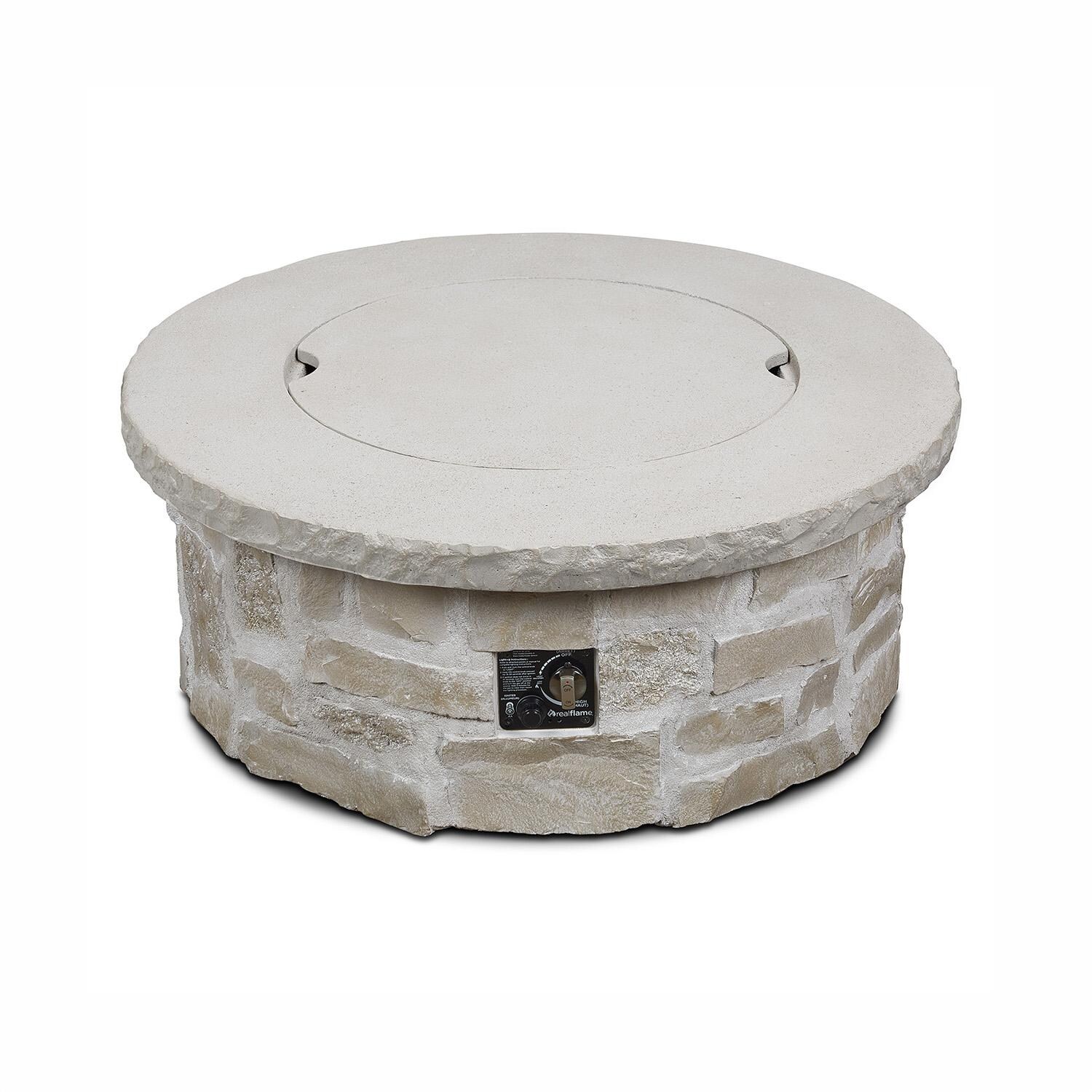 Heritage 40 Inch Round Stone Propane Fire Pit Table in Beige by Lakeview - Lid - White Background thumbnail