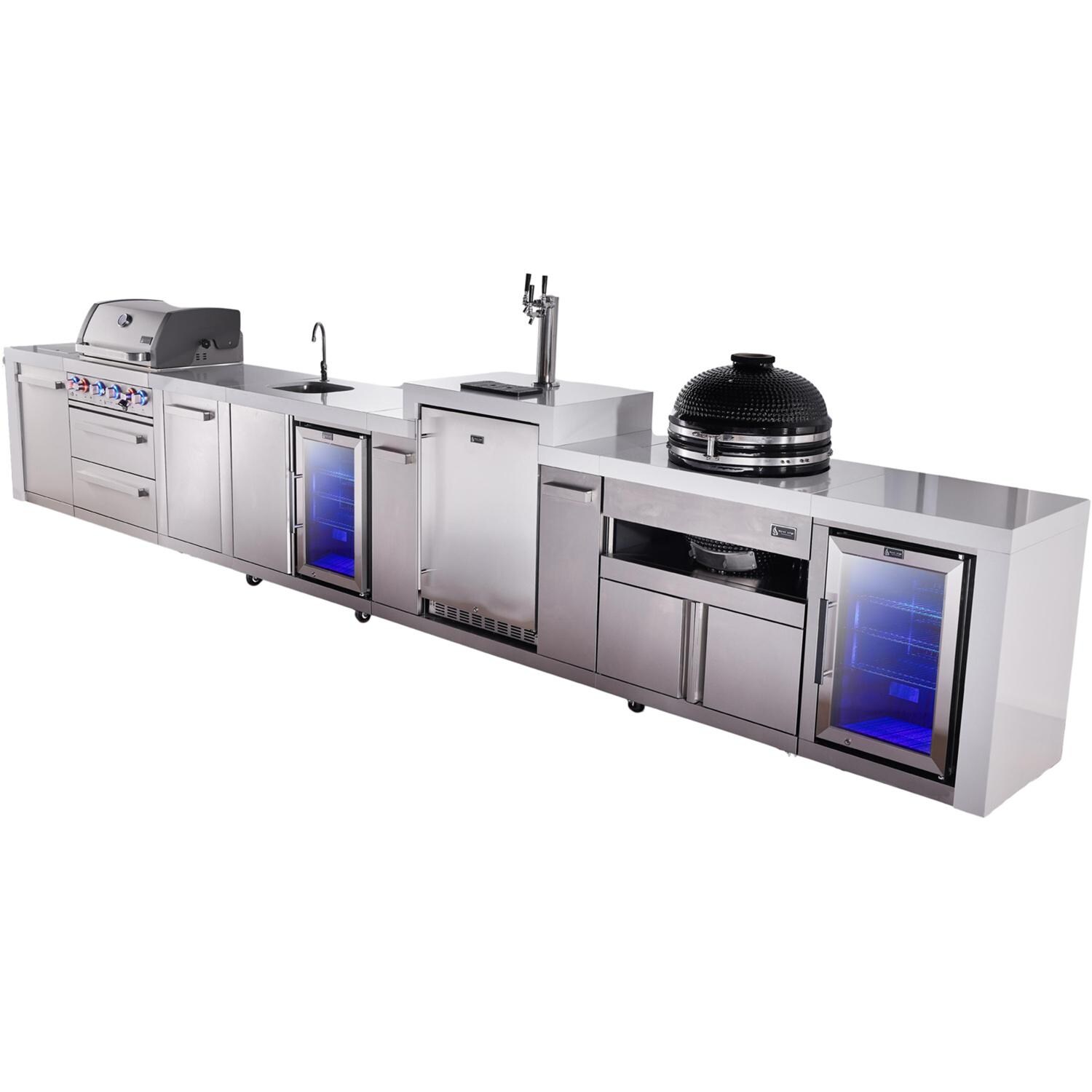 Mont Alpi Deluxe Series 19 Ft Natural Gas Outdoor Kitchen Island w/ 32-in Grill, Side Burner, Beverage Center, Kegerator, Fridge, Kamado Module & Extra Door (Ships Propane w/ Conversion Kit) - Angled Right - White Background thumbnail