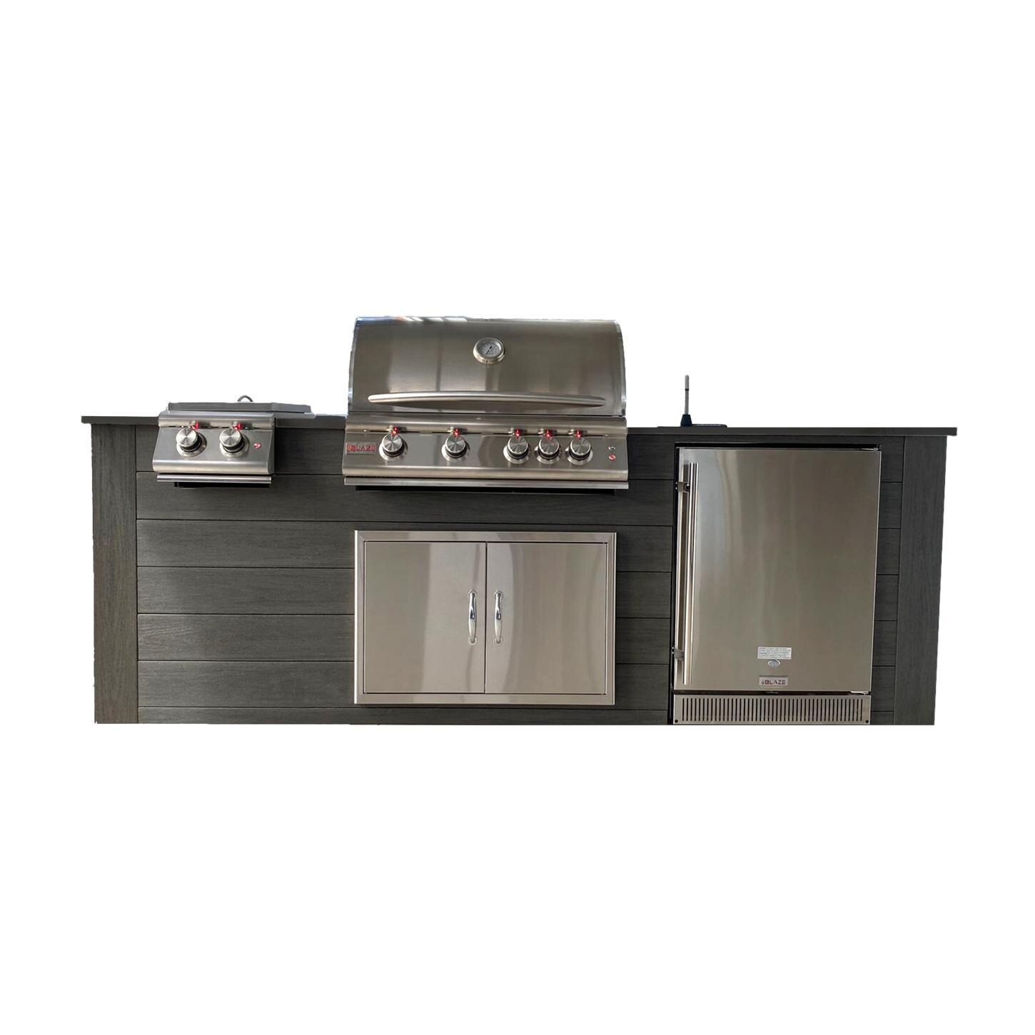 Pro-Fit 8-Foot Outdoor Kitchen Island W/ Blaze Premium LTE 32-Inch Propane Gas Grill, Double Side Burner, Refrigerator & Beverage Dispenser - Onyx / Grigio Piombo Satin image