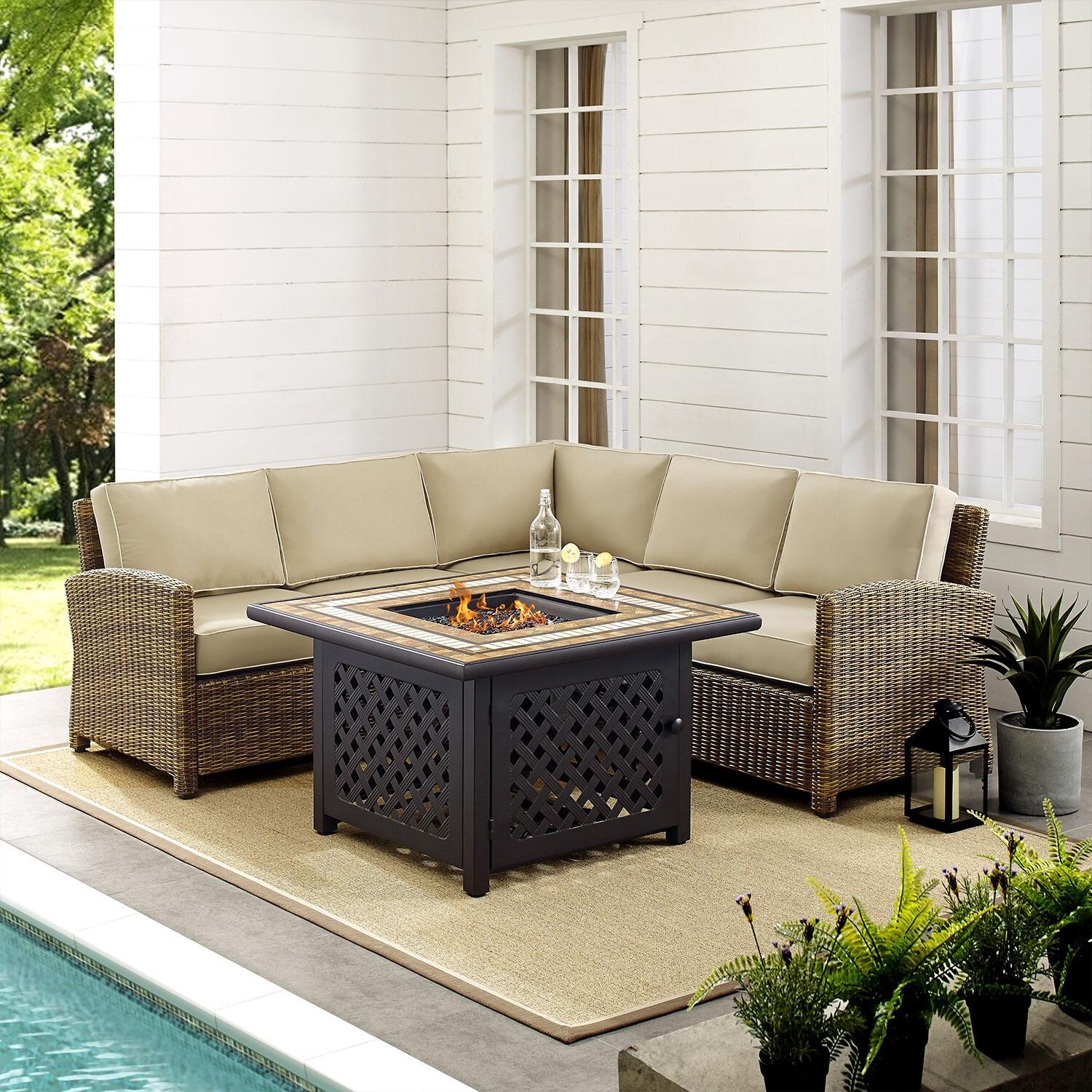 Ultimate Patio UP-92390-SA 4Pc Wicker Outdoor Sectional Set W/ Fire Table in Sand - By The Pool - Lifestyle thumbnail