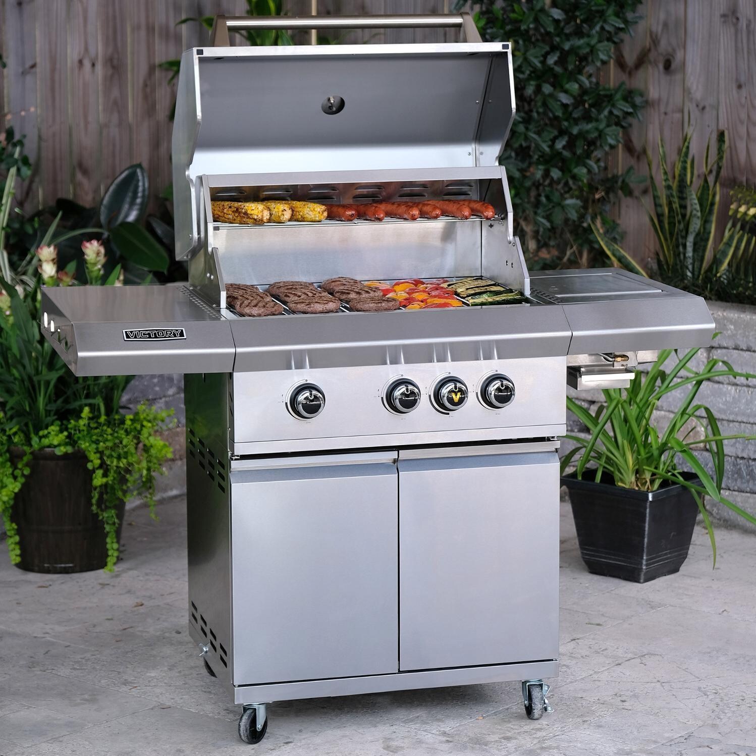 Victory - BBQ-VCT3BSB-LP - 3-Burner Propane Gas Grill With Infrared Side Burner - Loaded With Food