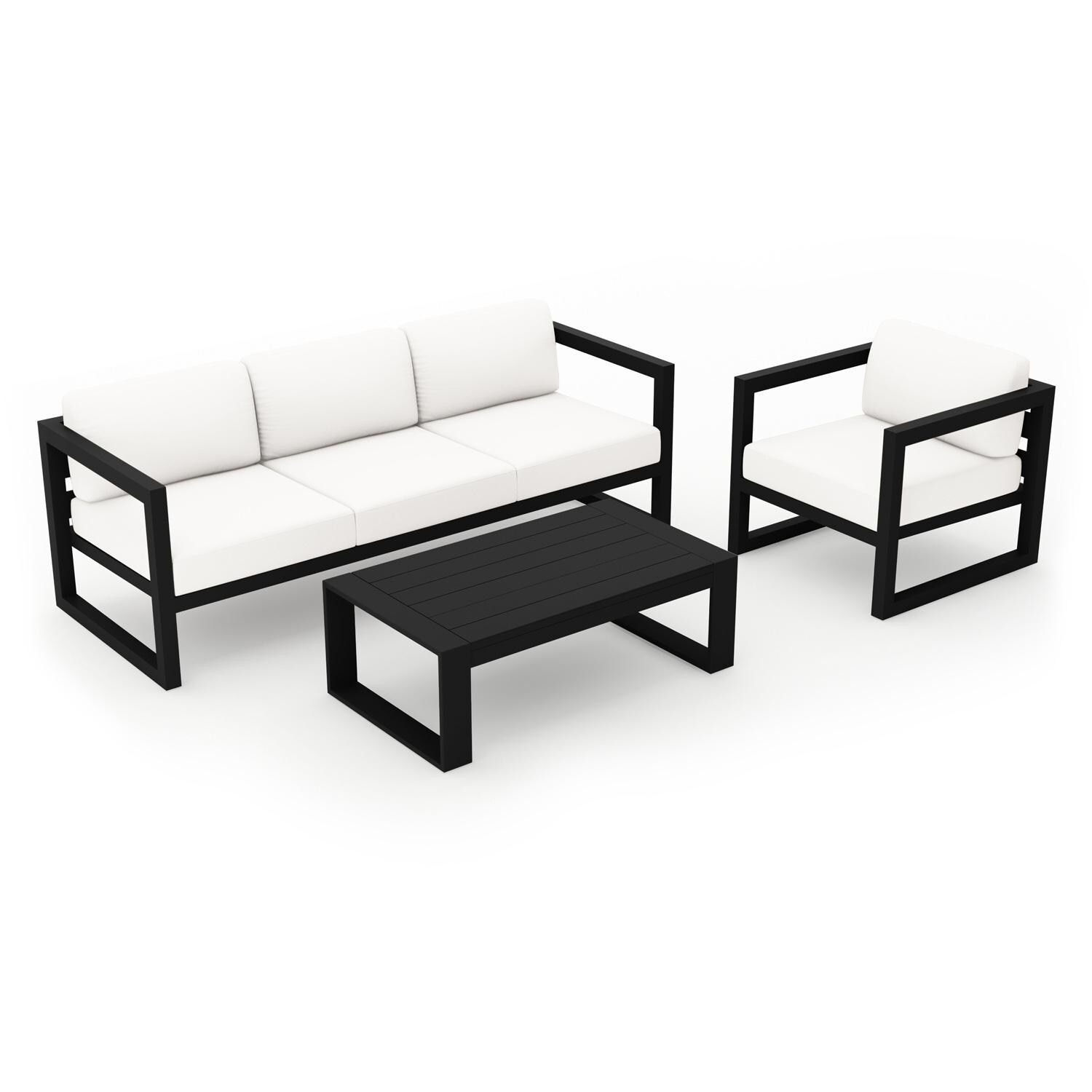 Lakeview MSTYCV-BK-3SS-CN Misty Cove 3 Pc Aluminum Seating Set in Black w/Portal Coffee Table & Canvas Natural Cushions by Lakeview Outdoor Designs - Set Angled View - White Background thumbnail