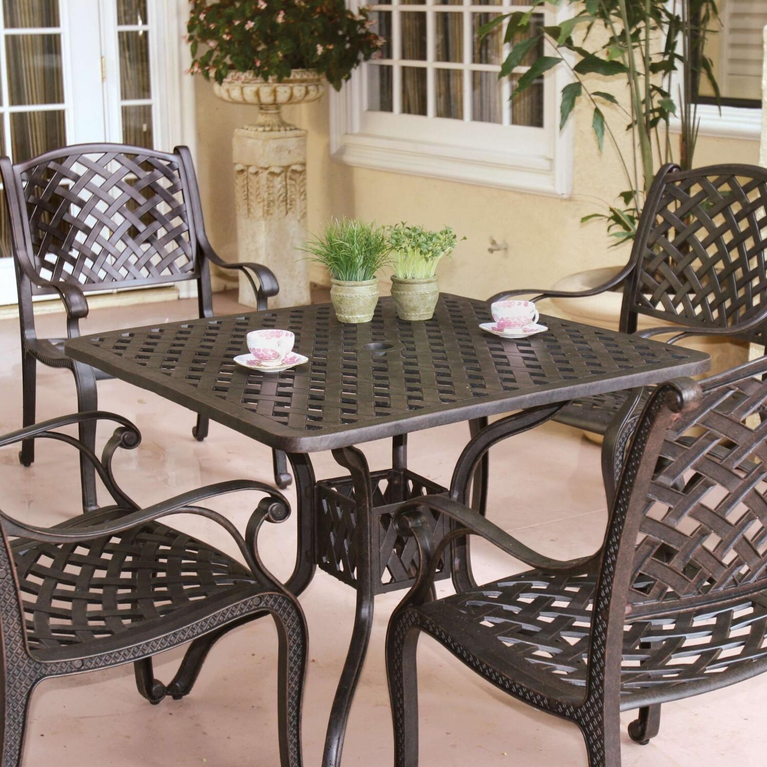 Nassau 5 Pc Cast Aluminum Dining Set w/ 36 Inch Square Series 30 Table in Antique Bronze/Sesame by Darlee
