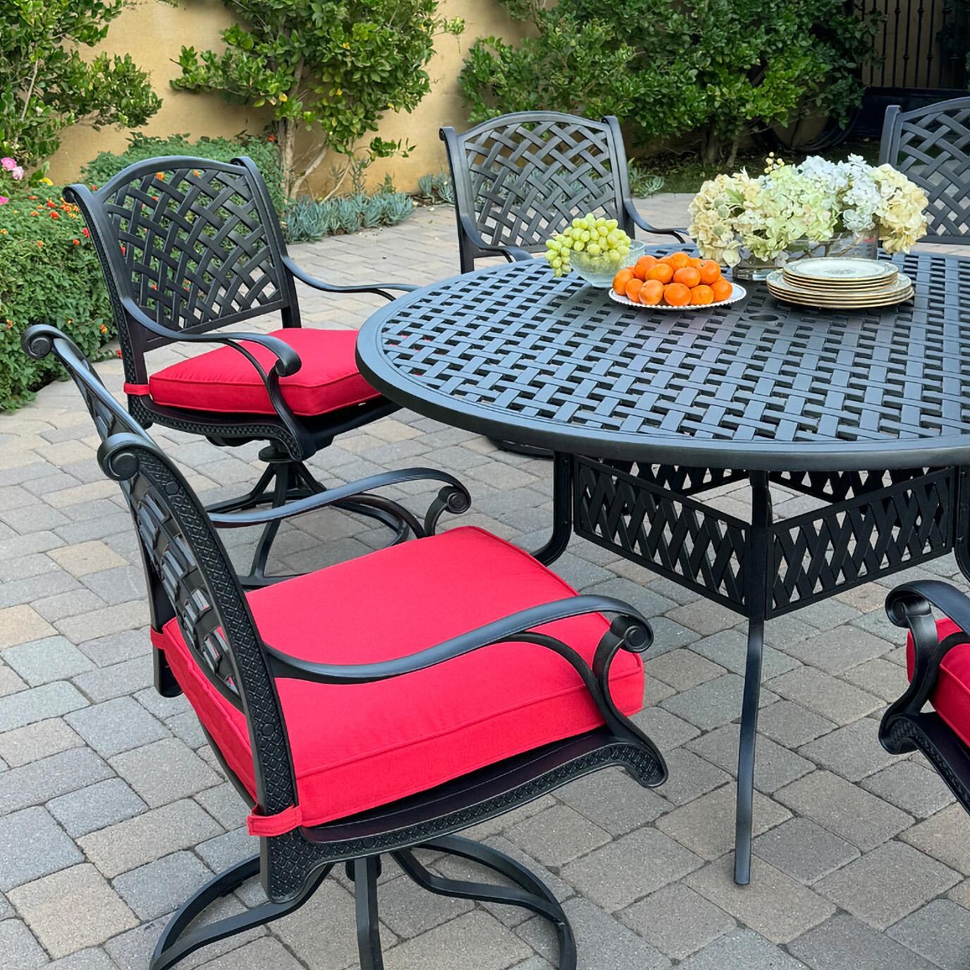 Darlee B/DL13-7PCAR-30D-R Nassau 7 Pc Cast Aluminum Dining Set w/ Rocker in Antique Bronze w/ Red Cushions - Set Up Close - Lifestyle thumbnail