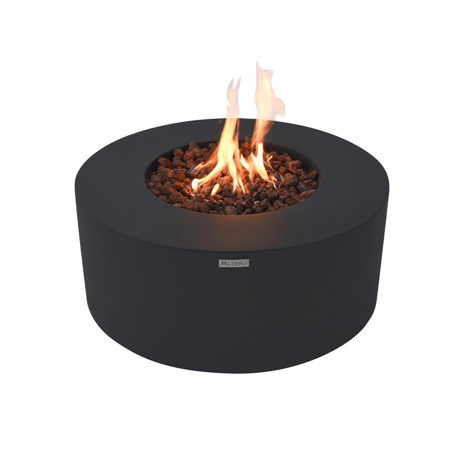 Venice OFG113-LP 34 Inch Round Concrete Propane Fire Pit Table in Black By Elementi - Fire Pit Lit - White Background thumbnail