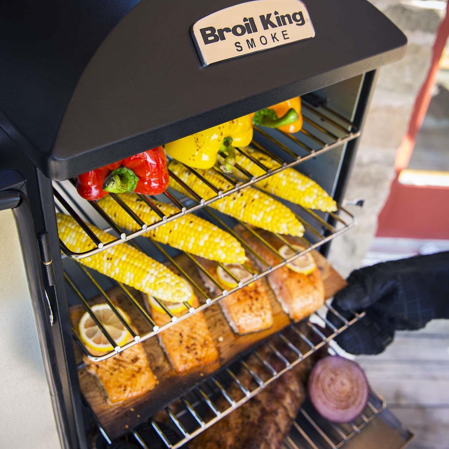 Broil King 28-Inch Smoke Vertical Charcoal Smoker - Black - Smoking Corn, Fish, Bell Peppers - Lifestyle thumbnail